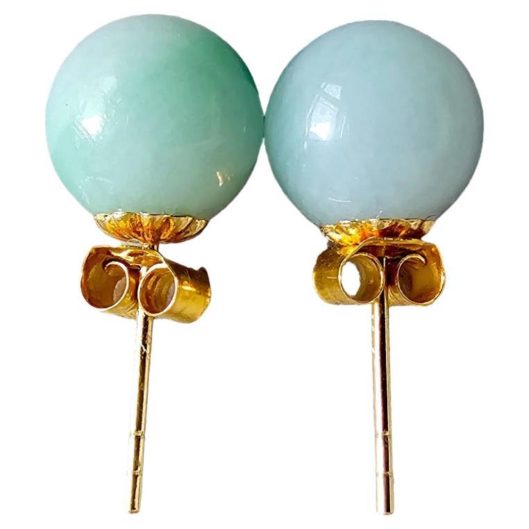 Beads of Eternity Burmese A-Jade Stud Earrings with 18K Yellow Gold 8mm 18001 For Sale