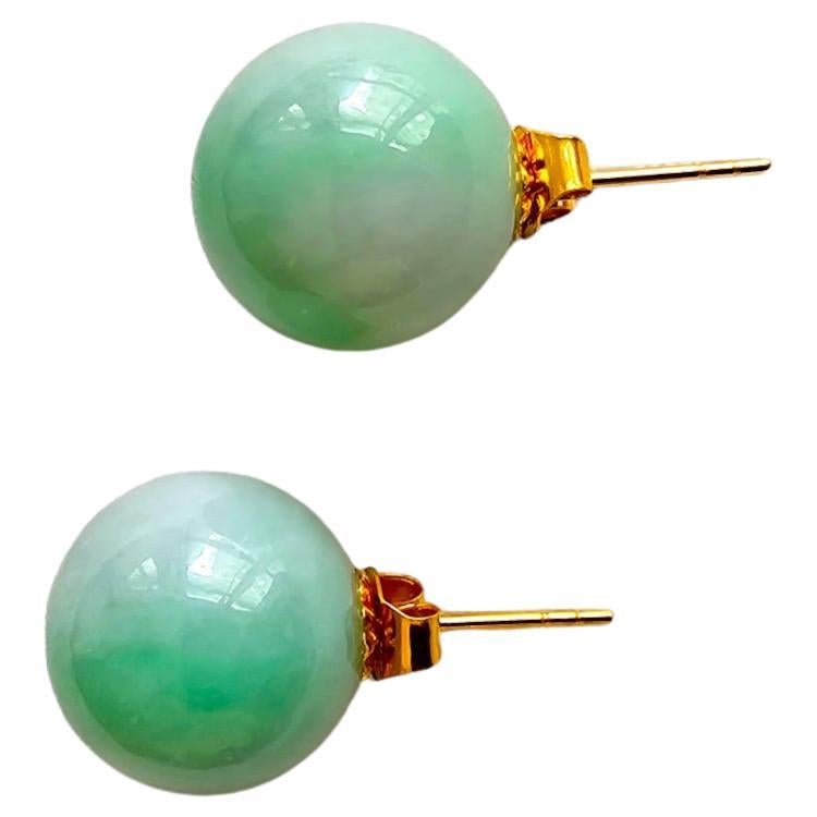 Beads of Eternity Burmese A-Jade Stud Earrings with 18K Yellow Gold 12 mm 18002 For Sale