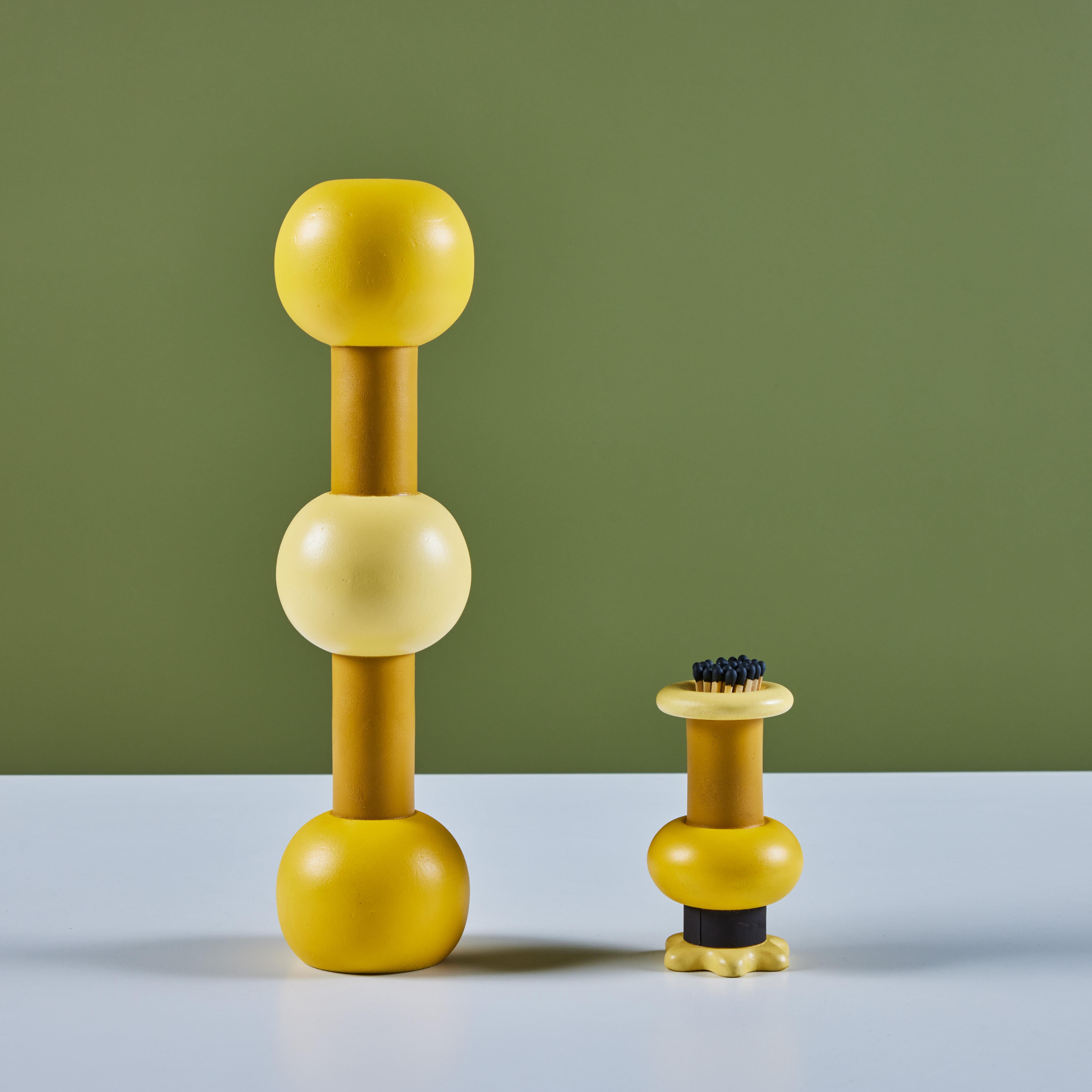 Hand crafted candlestick and match holder set in spalted birch and then painted by local Los Angeles artist Evan Segota. The candle holder features three spheres and an inset brass cup while the match holder offers a match strike near the