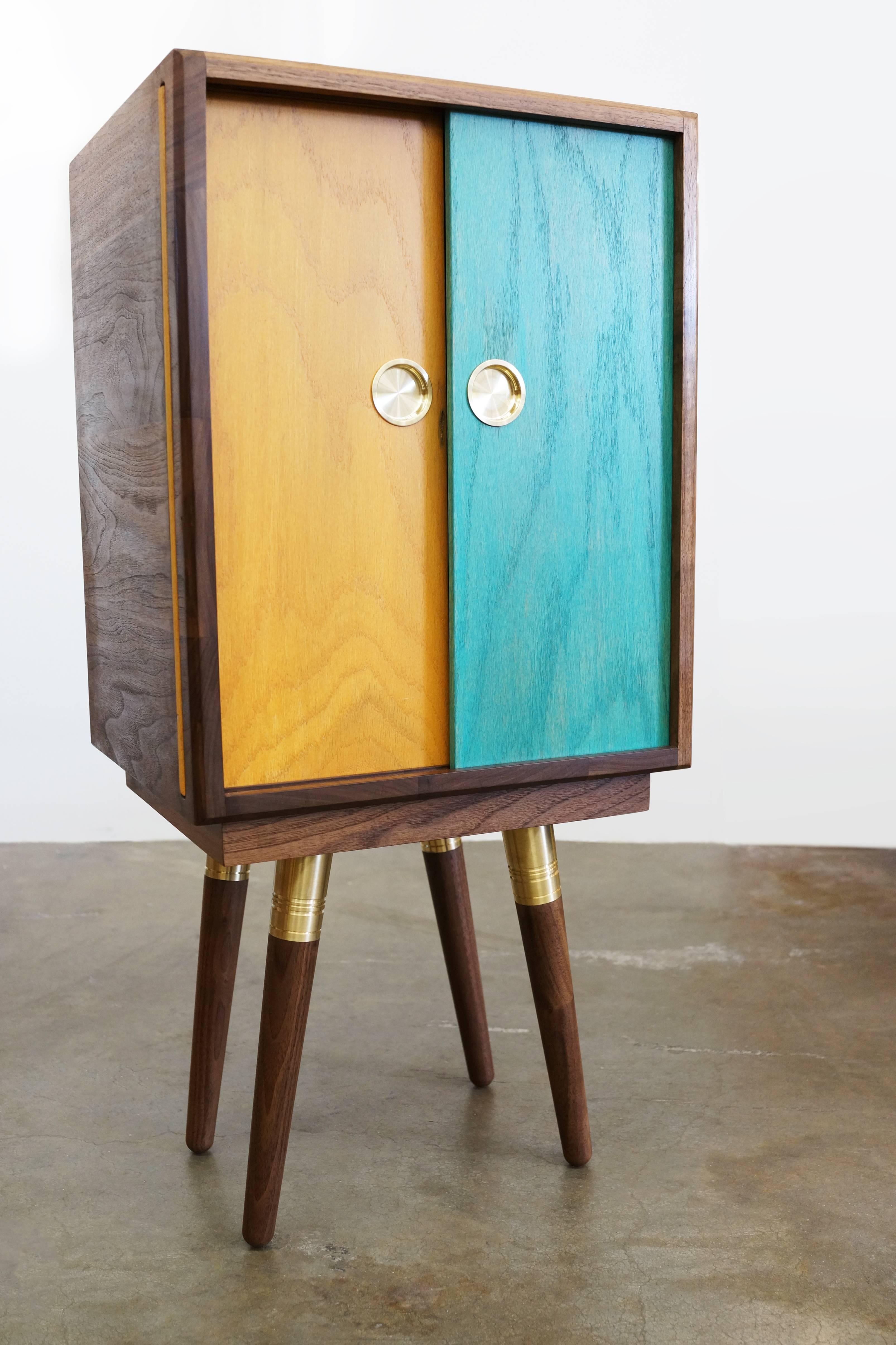 Beaker Cabinet with Walnut Hardwood and Brass 2018 by Post & Gleam In New Condition For Sale In Newbury Park, CA