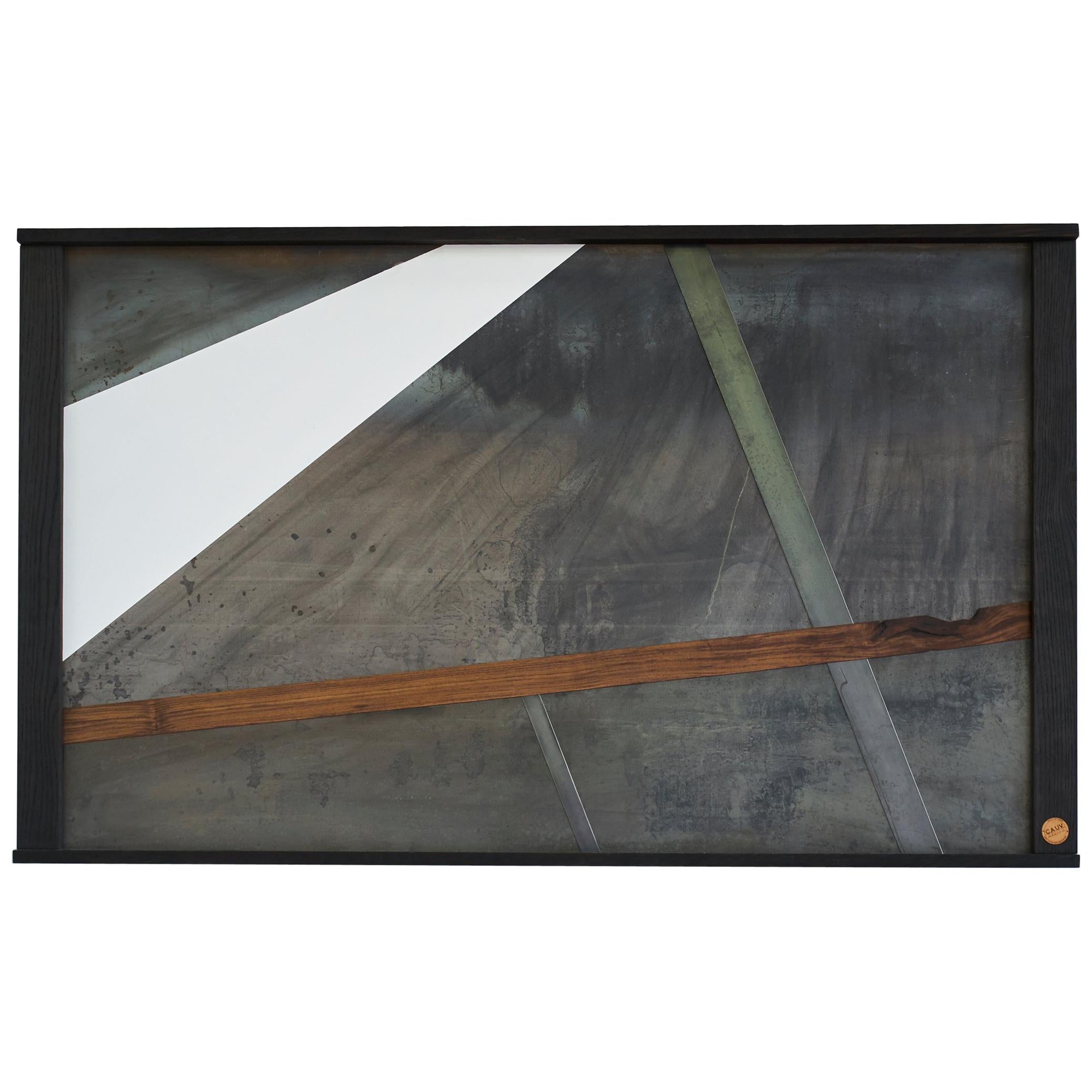 Beam Wall Art by Cauv Design Sheet Metal with Walnut Steel Strips Satin White For Sale