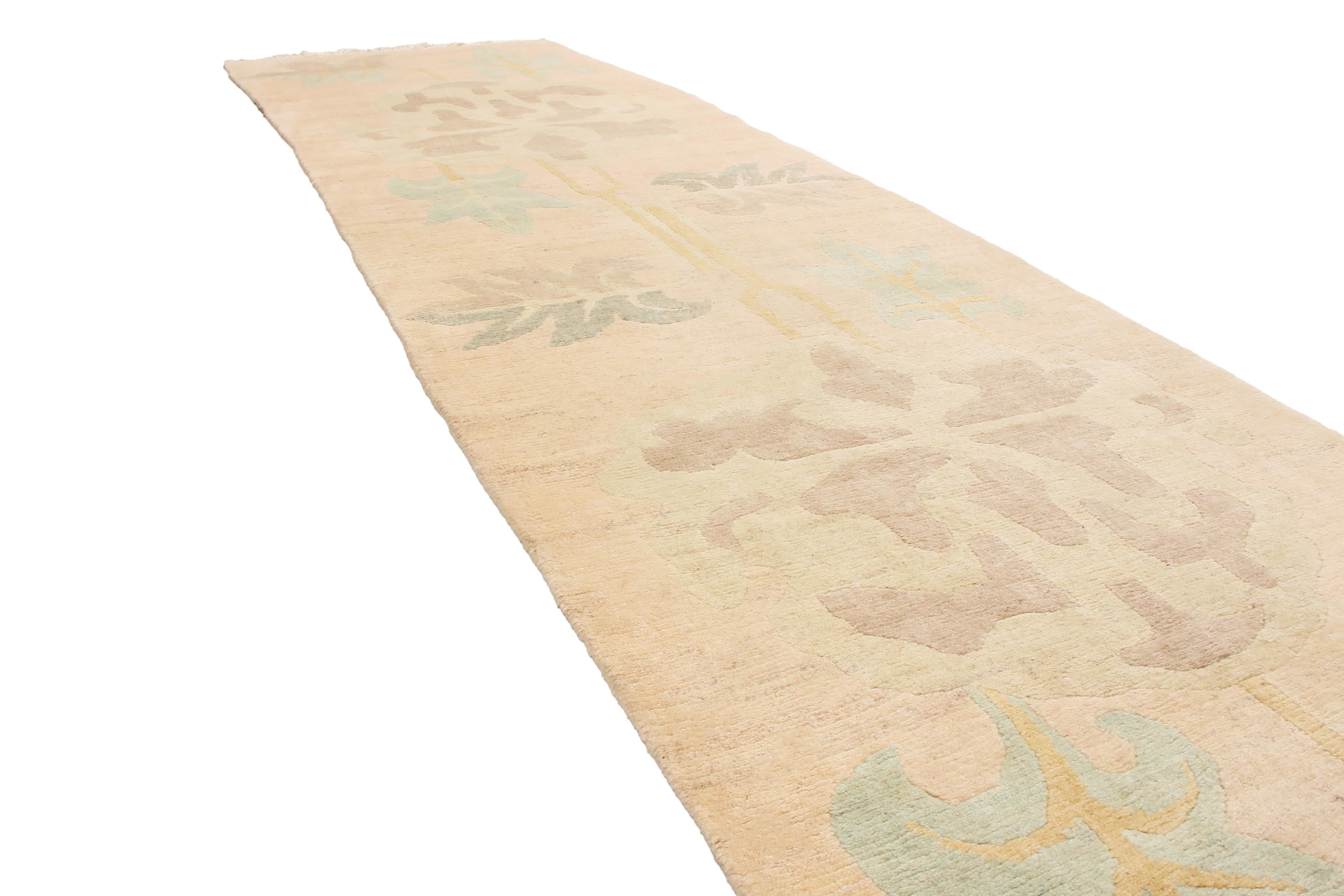 Hand-Knotted Beama Design Geometric-Floral Beige and Blue Wool Runner