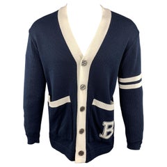BEAMS HEART Size S Navy & White Cotton / Acrylic Buttoned Cardigan Sweater