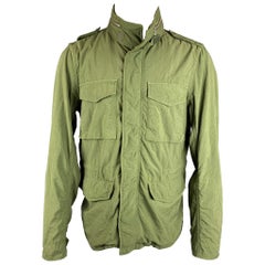 BEAMS PLUS Size L Green Nylon Zip & Snaps Hooded Military Jacket