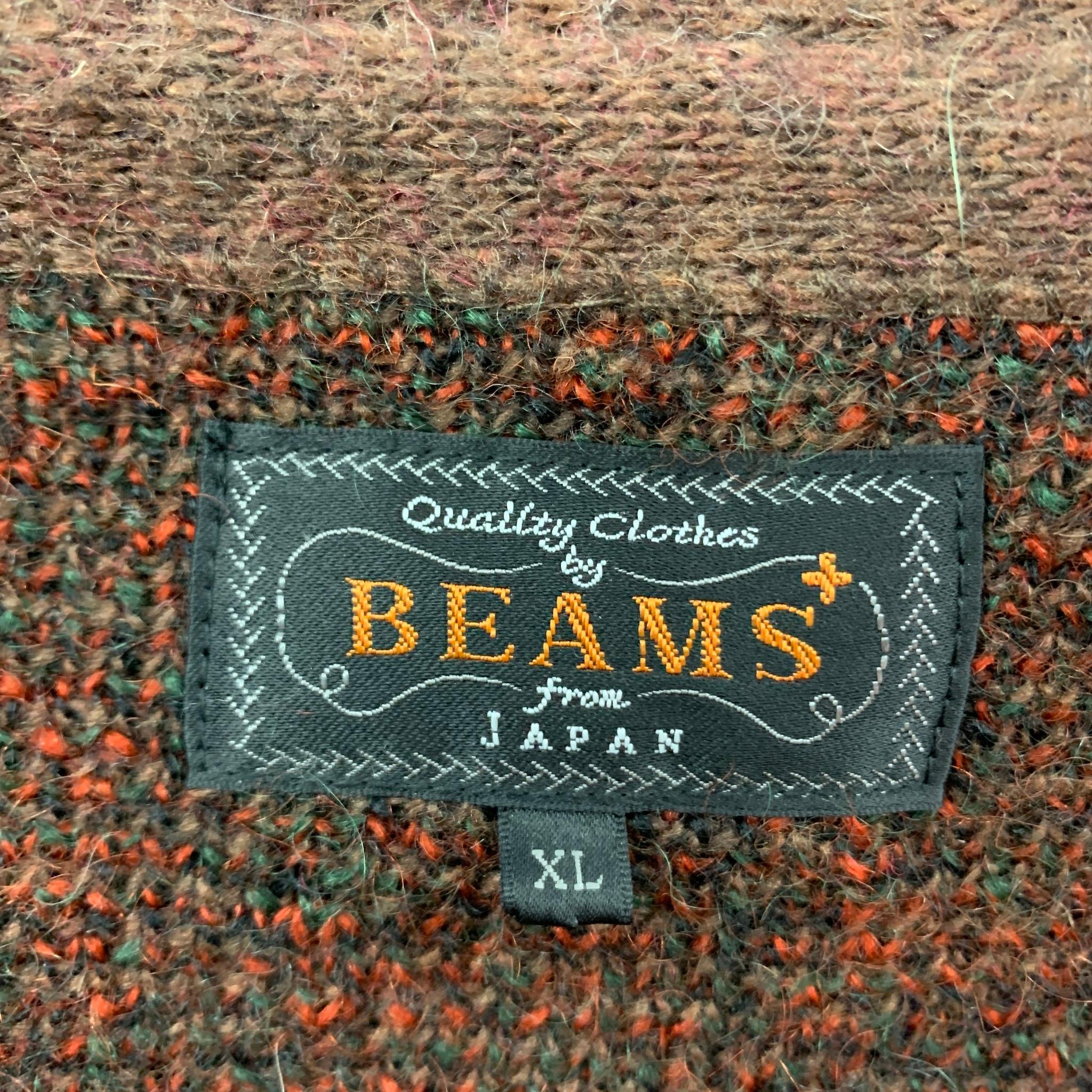 BEAMS PLUS Size XL Brown Multi-Color Pattern Mohair Blend Buttoned Cardigan In Good Condition In San Francisco, CA
