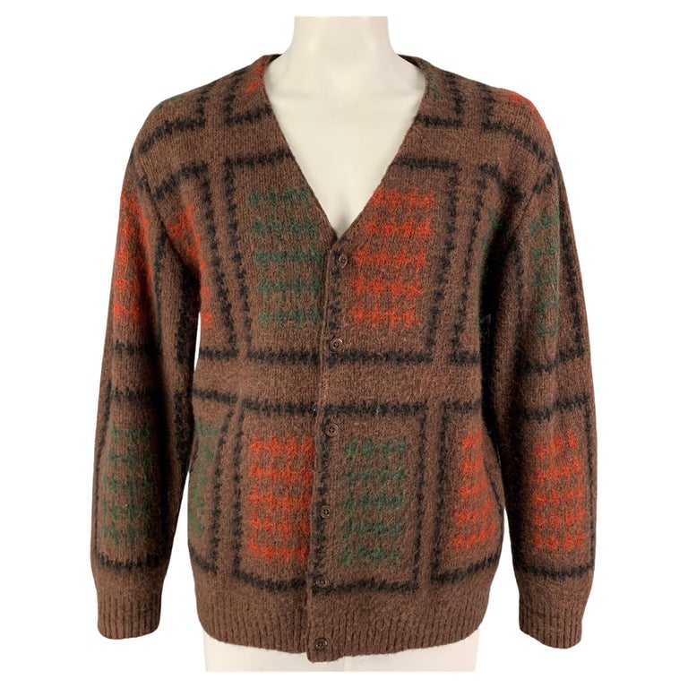 BEAMS PLUS Size XL Brown Multi-Color Pattern Mohair Blend Buttoned Cardigan  For Sale at 1stDibs