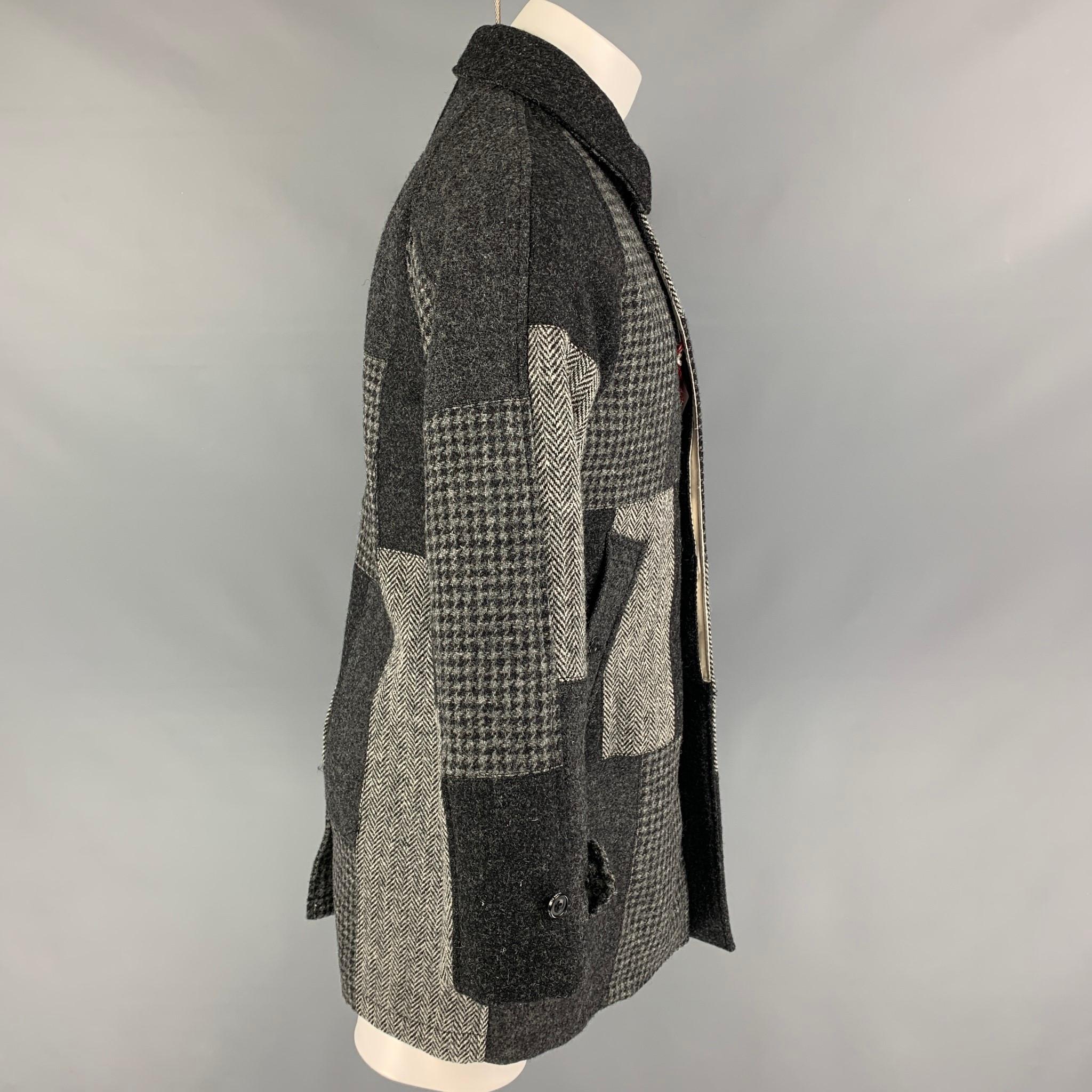 BEAMS PLUS x Harris Tweed Size S Grey Patchwork Wool Hidden Placket Coat In New Condition In San Francisco, CA