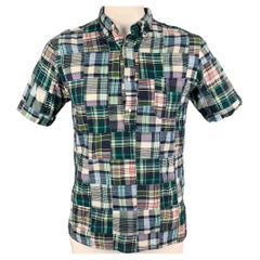 BEAMS Size XL Green Blue White Madras Cotton Long placket Short Sleeve Shirt