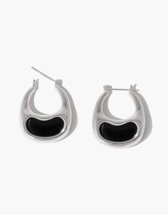 Bean Hoop Large Earrings in 925 Sterling Silver & Black Basalt Stone by CLED