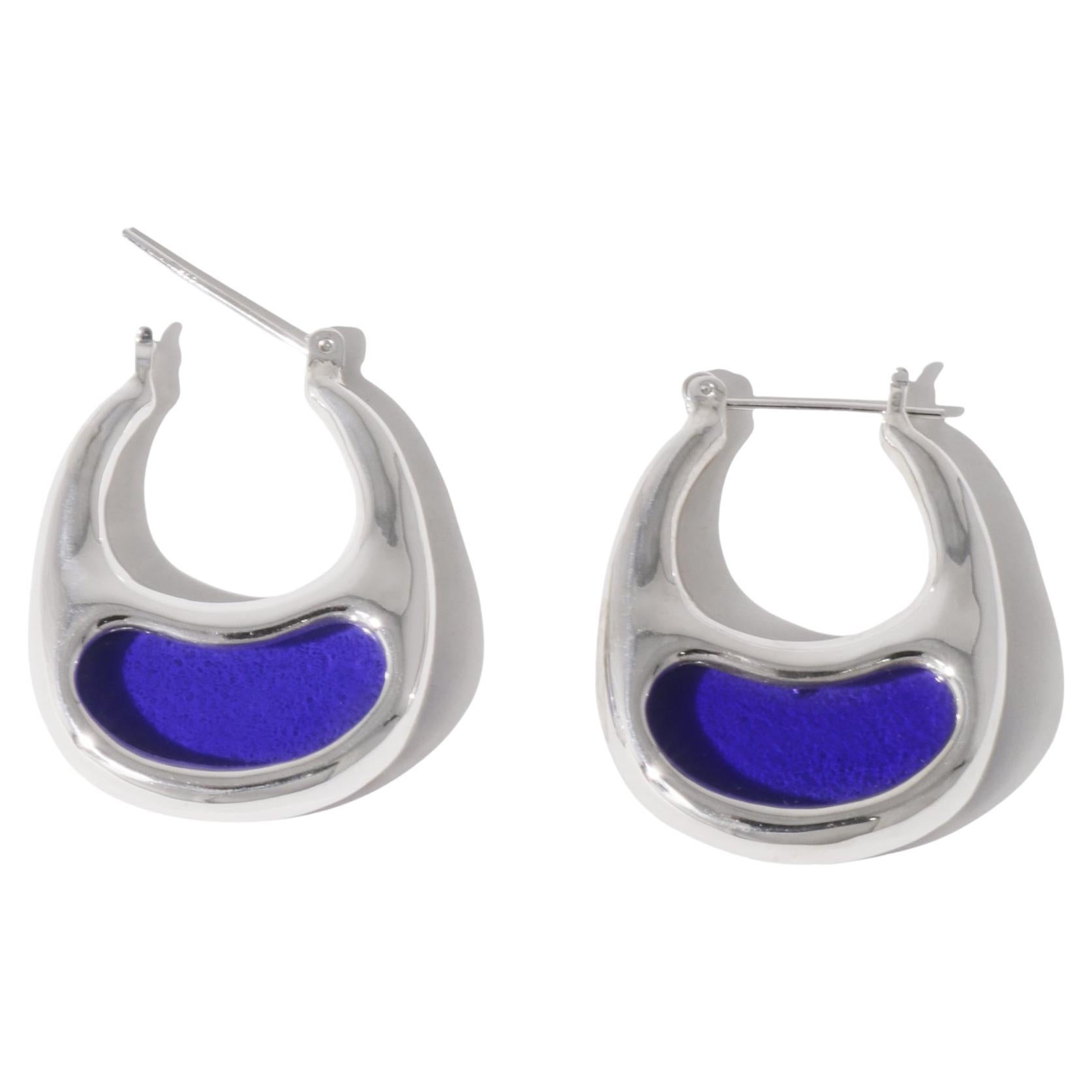 Bean Hoop Large Earrings in 925 Sterling Silver & Blue Ocean Stone by CLED