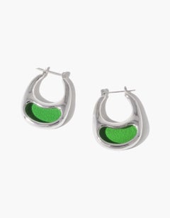 Bean Hoop Large Earrings in 925 Sterling Silver & Forest Green Stone by CLED