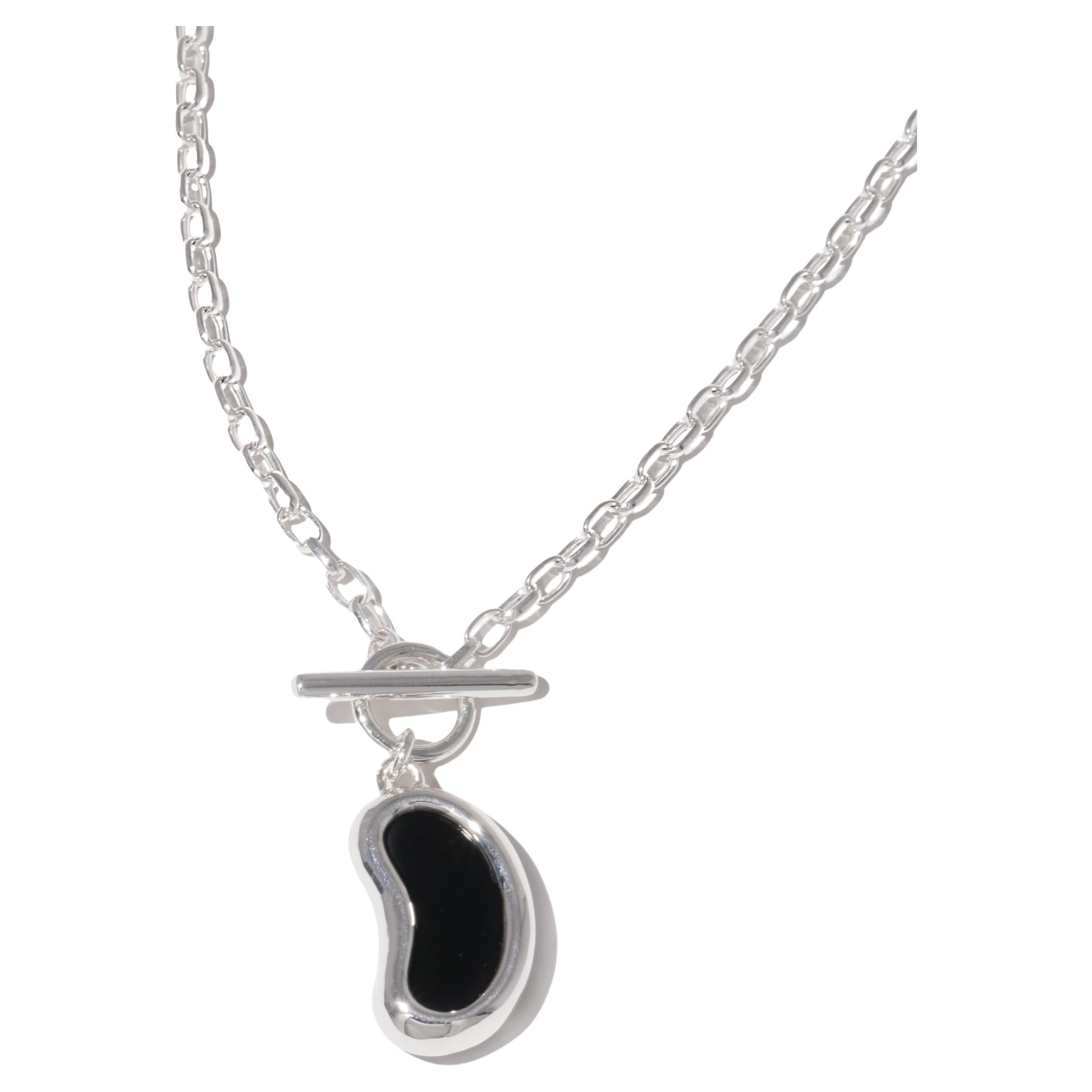 Bean Toggle Necklace in 925 Sterling Silver & Black Basalt Stone by CLED