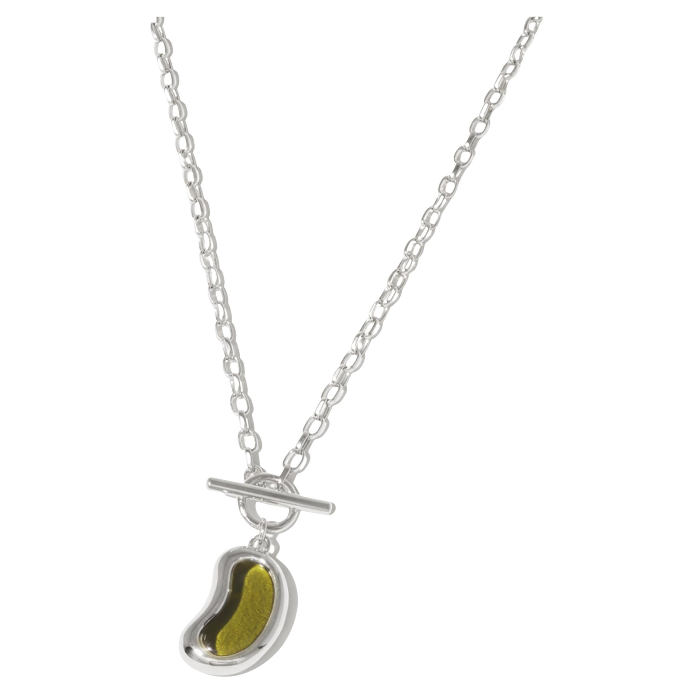 Bean Toggle Necklace in 925 Sterling Silver & Light Olive Stone by CLED For Sale
