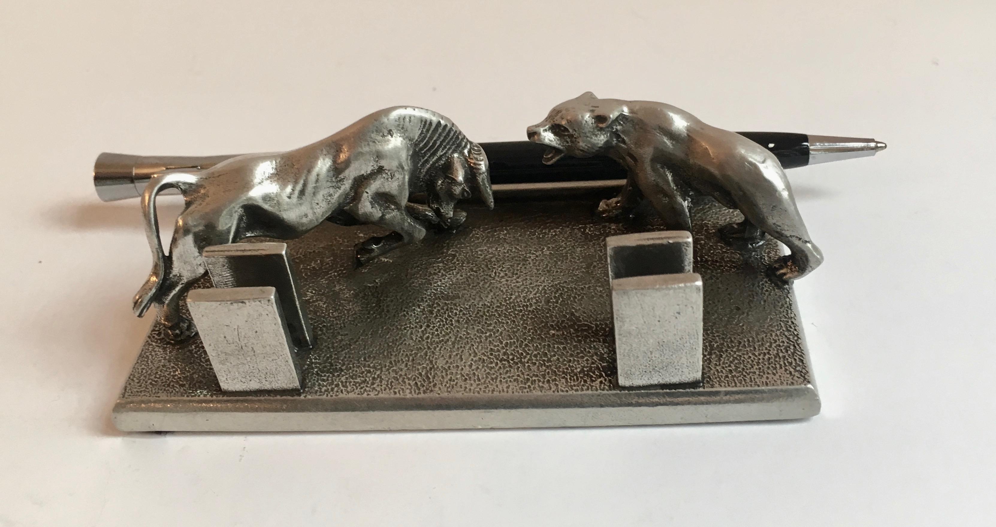 Bear and Bull Pen Business Card Pen Holder In Good Condition In Los Angeles, CA