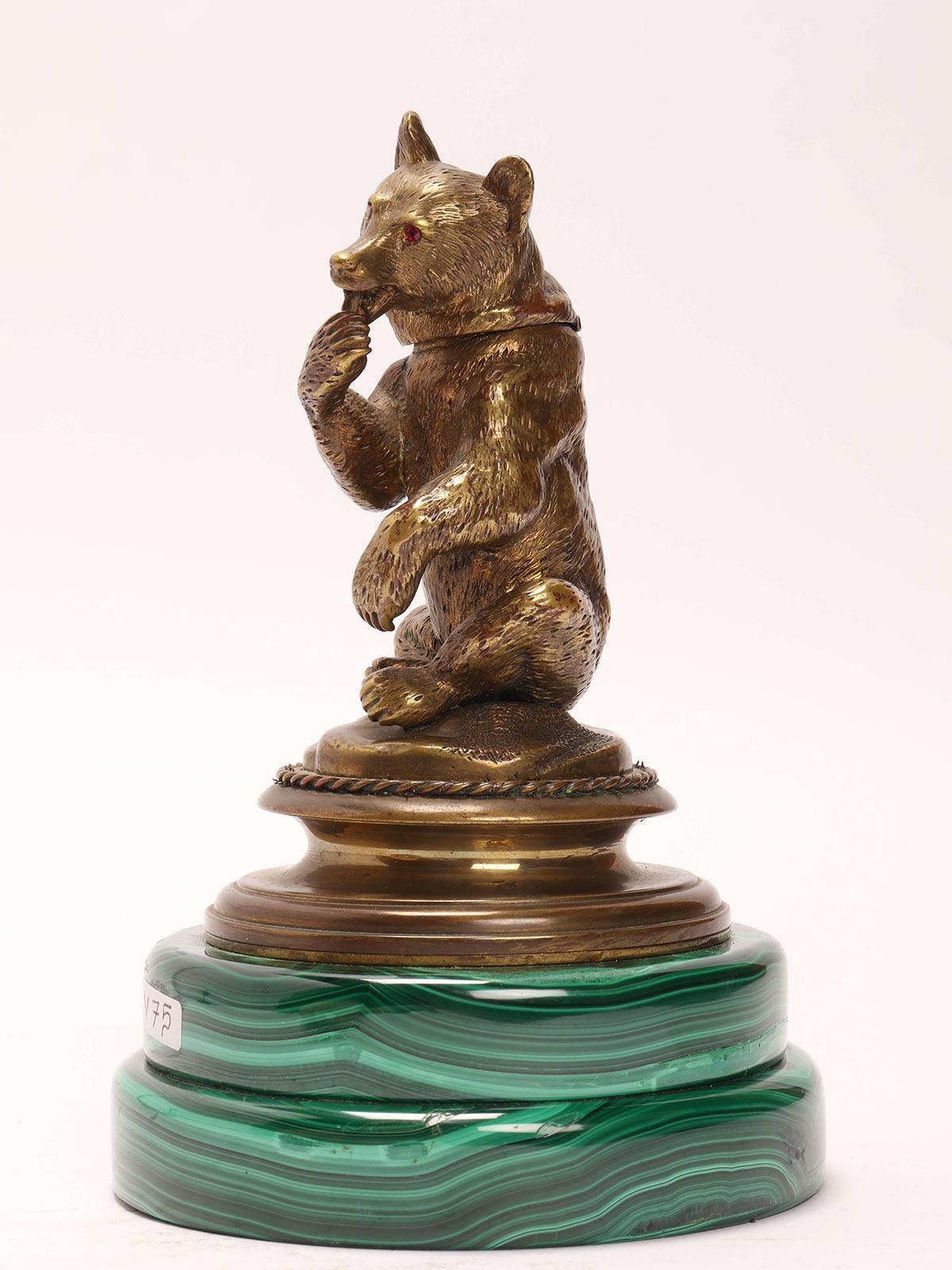 Inkwell gold guild bronze sculpture, depicting a seating bear on a malachite stone base. Faceted rubies stones eyes. Russia 1880 ca.