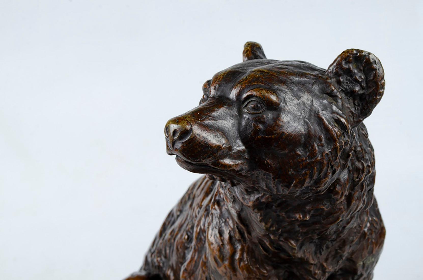 French Bear figure in patinated bronze with marble base signed 