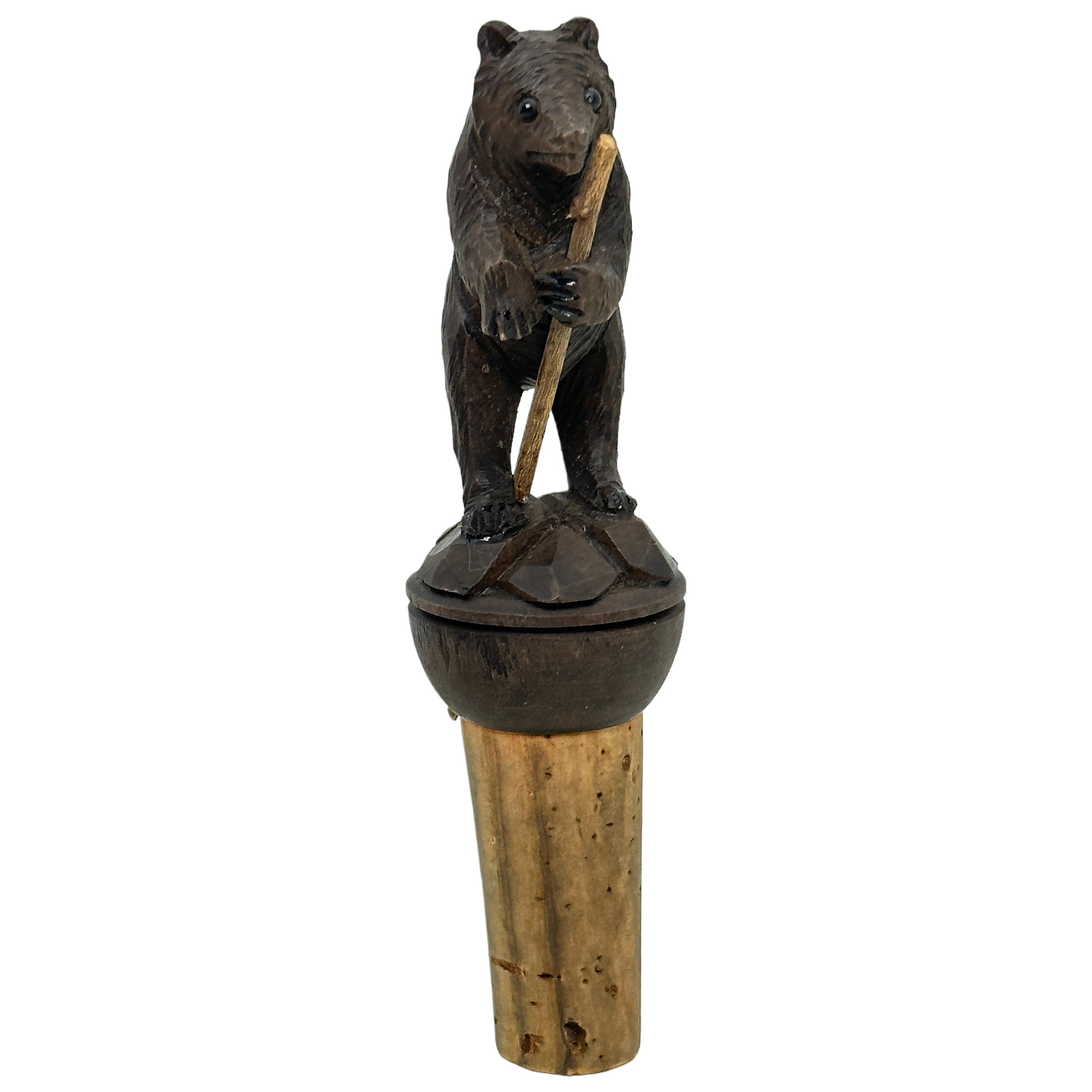 Bear Hand Carved Brienz Wooden Bottle Stopper, 1910s Antique German