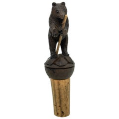 Bear Hand Carved Brienz Wooden Bottle Stopper, 1910s Antique German