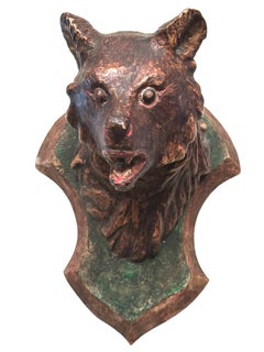 Bear Head Black Forest Hand Carved Folk Art Wooden Trophy, 19th Century
