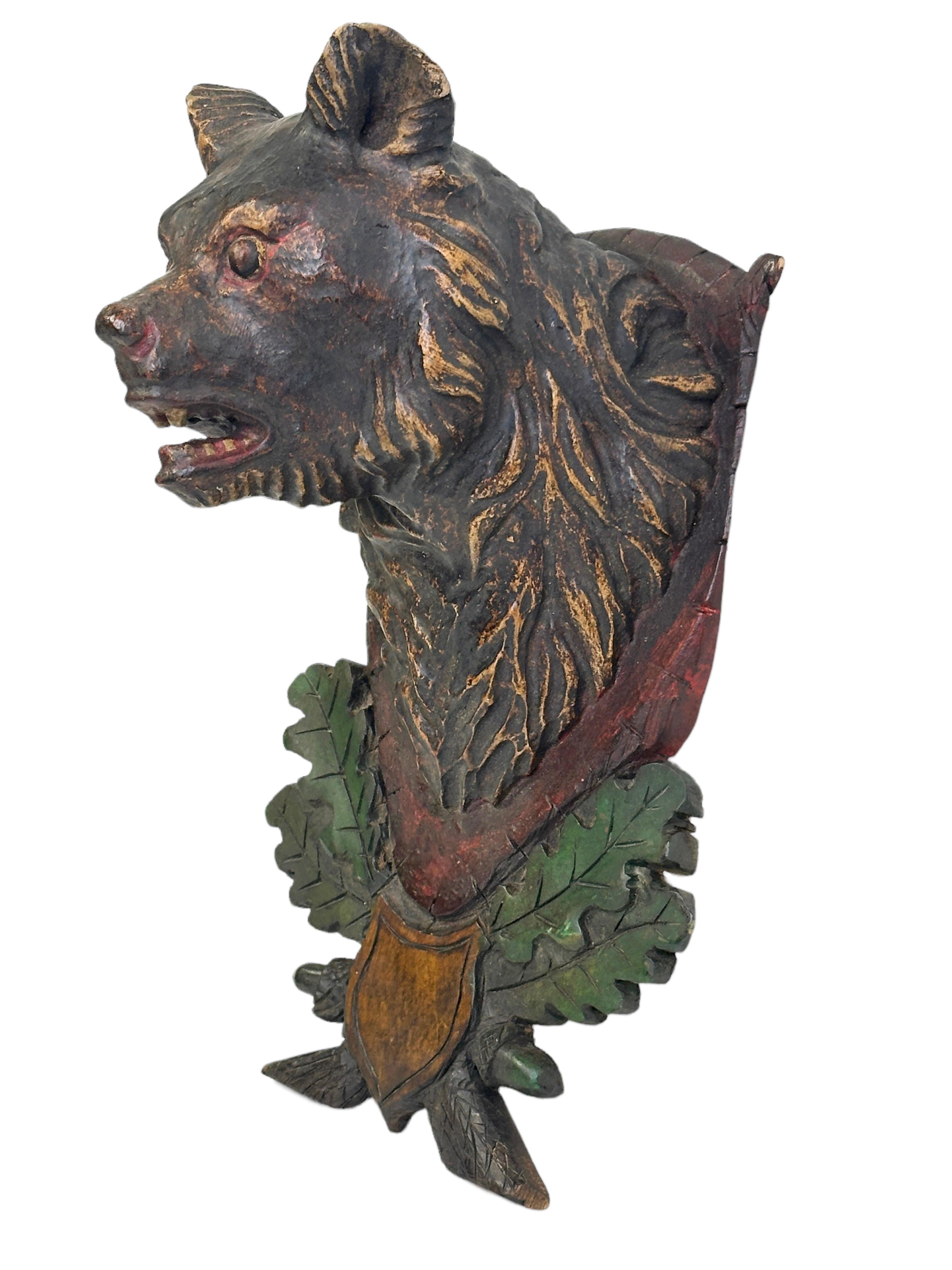 Austrian Bear Head Black Forest Hand Carved Folk Art Wooden Trophy, 19th Century For Sale