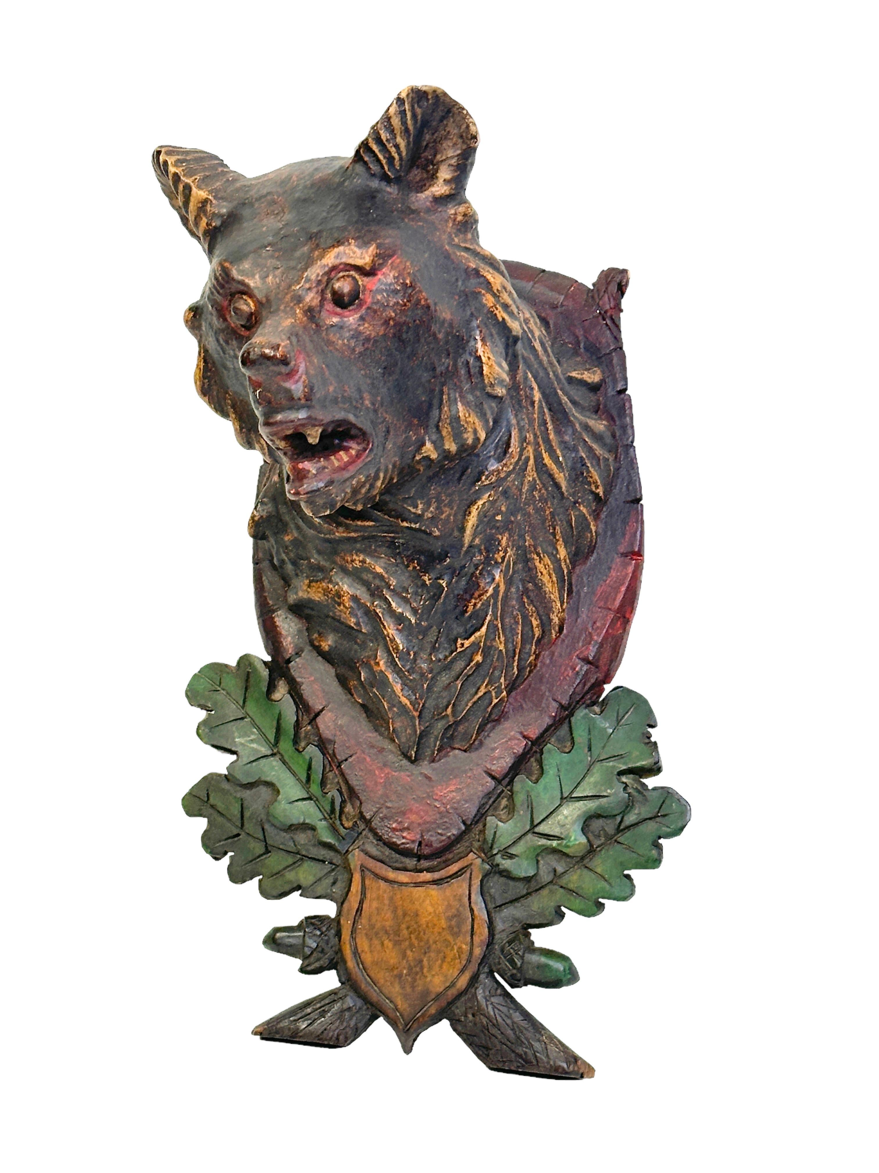 Hand-Carved Bear Head Black Forest Hand Carved Folk Art Wooden Trophy, 19th Century For Sale