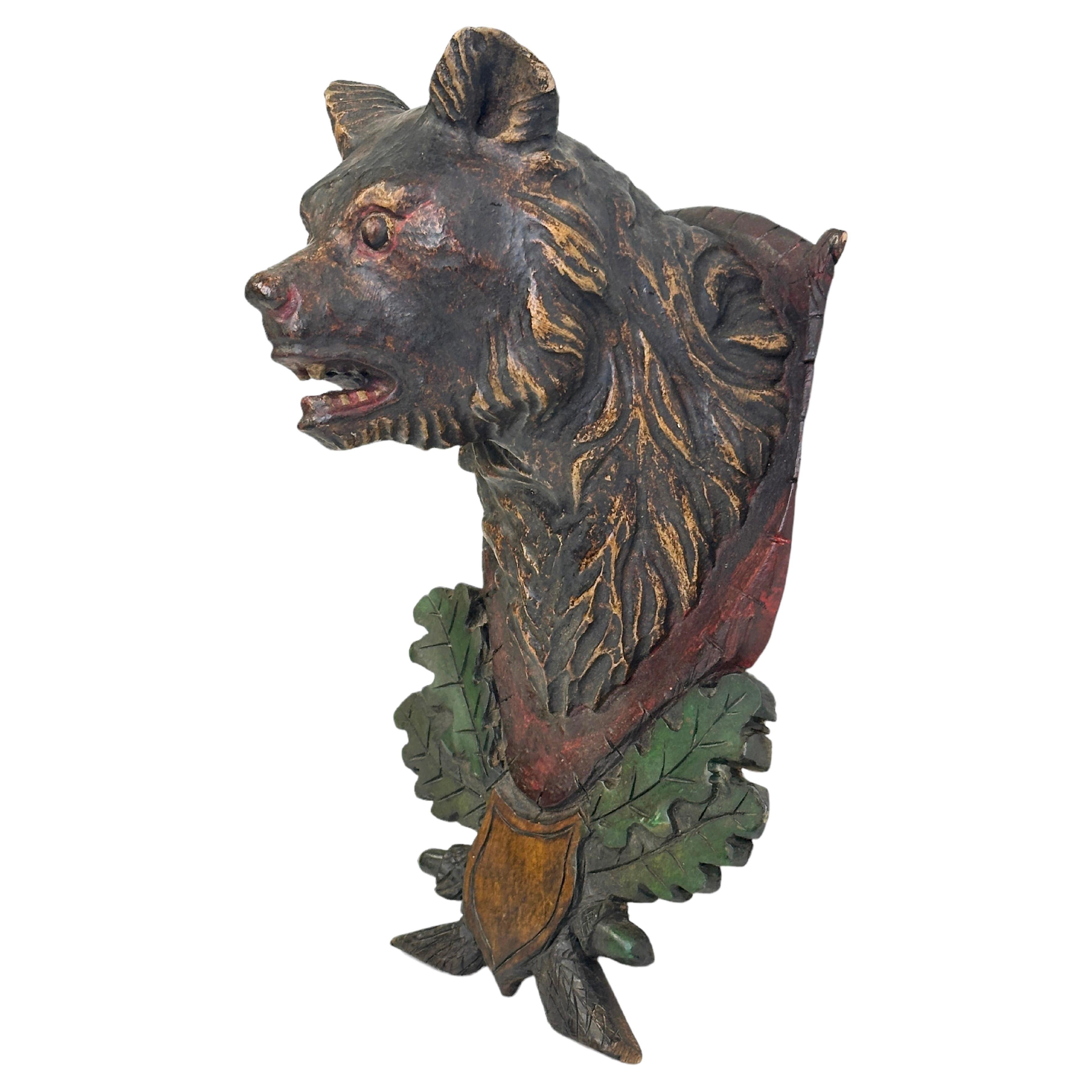 Bear Head Black Forest Hand Carved Folk Art Wooden Trophy, 19th Century For Sale