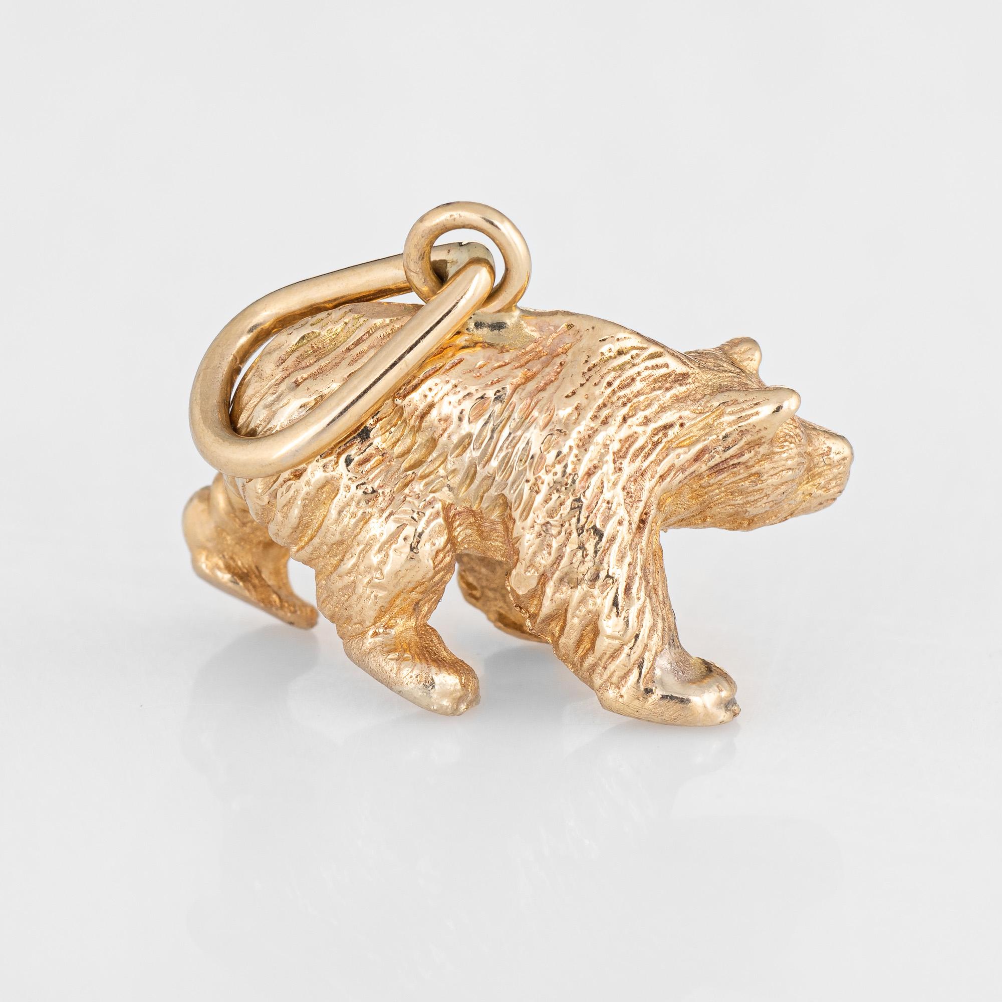 Finely detailed vintage Bear pendant or charm crafted in 14k yellow gold.  

The unique charm features lifelike detail of a Bear with texturing to the entire piece. The bale measures 5mm and can accommodate a thicker chain if desired. The bear is