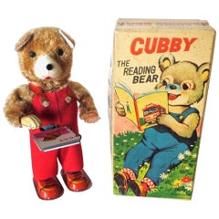 Vintage "Bear Reading A Book" Japanese Clockwork Toy with Original Box, circa 1950s