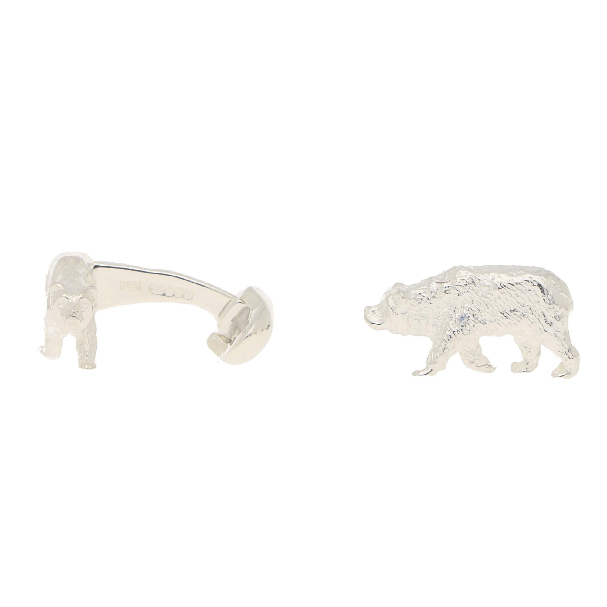 Modern Bear Swivel Back Cufflinks in Solid British Sterling Silver