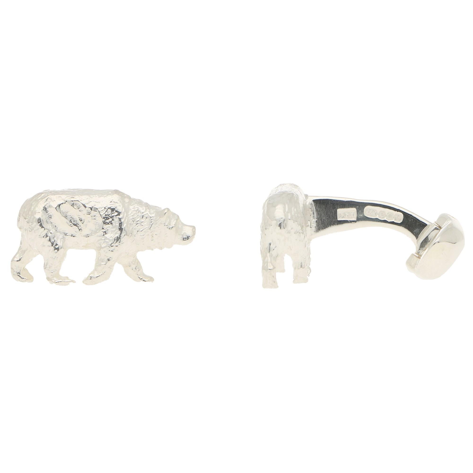 Bear Swivel Back Cufflinks in Solid British Sterling Silver In Good Condition In London, GB