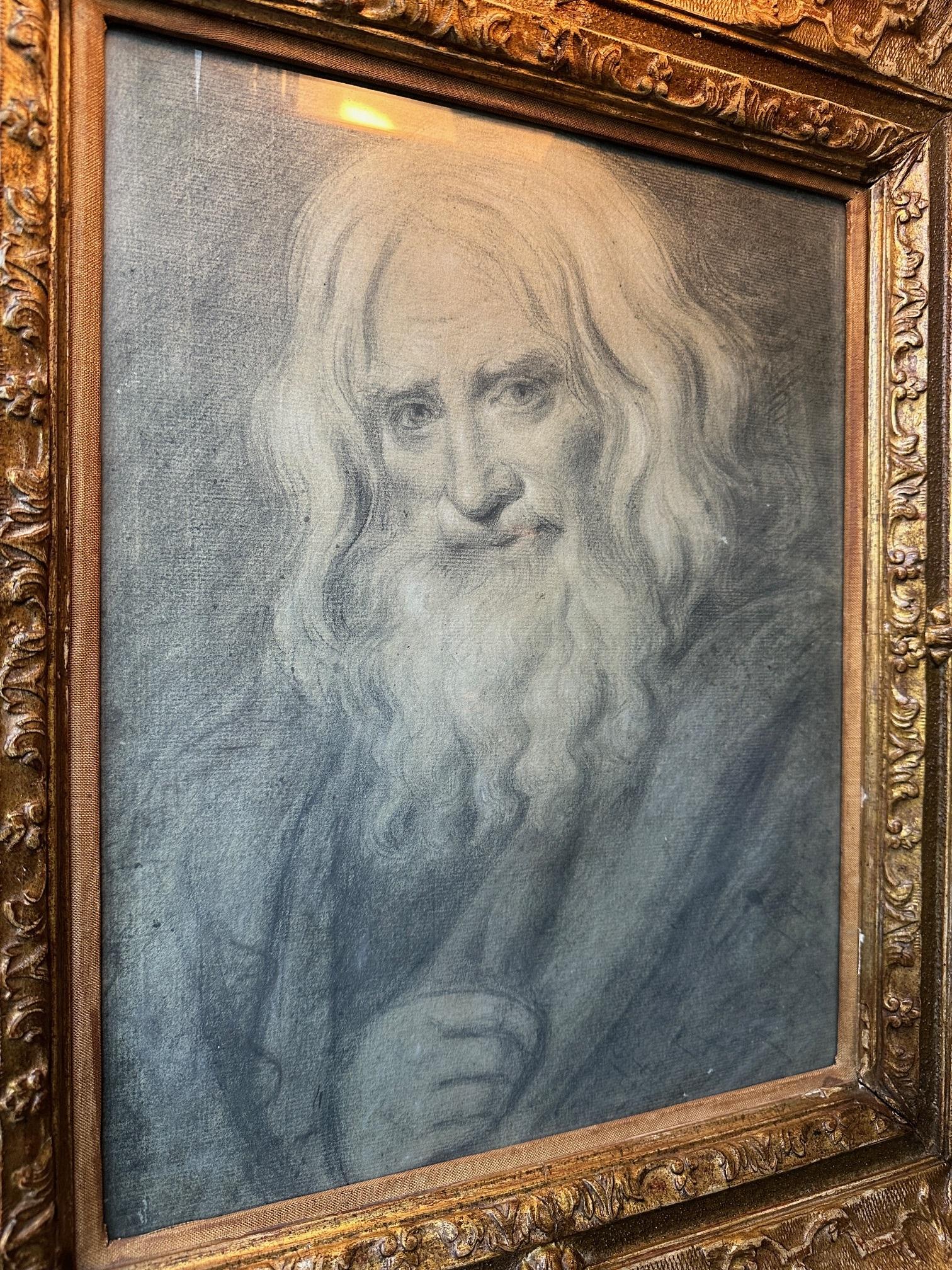 Hombre Barbudo Enmarcado, Arte Coleccionista de Pared Tiza Negra Sobre Papel Firmado J. Parry CA Dorado en venta