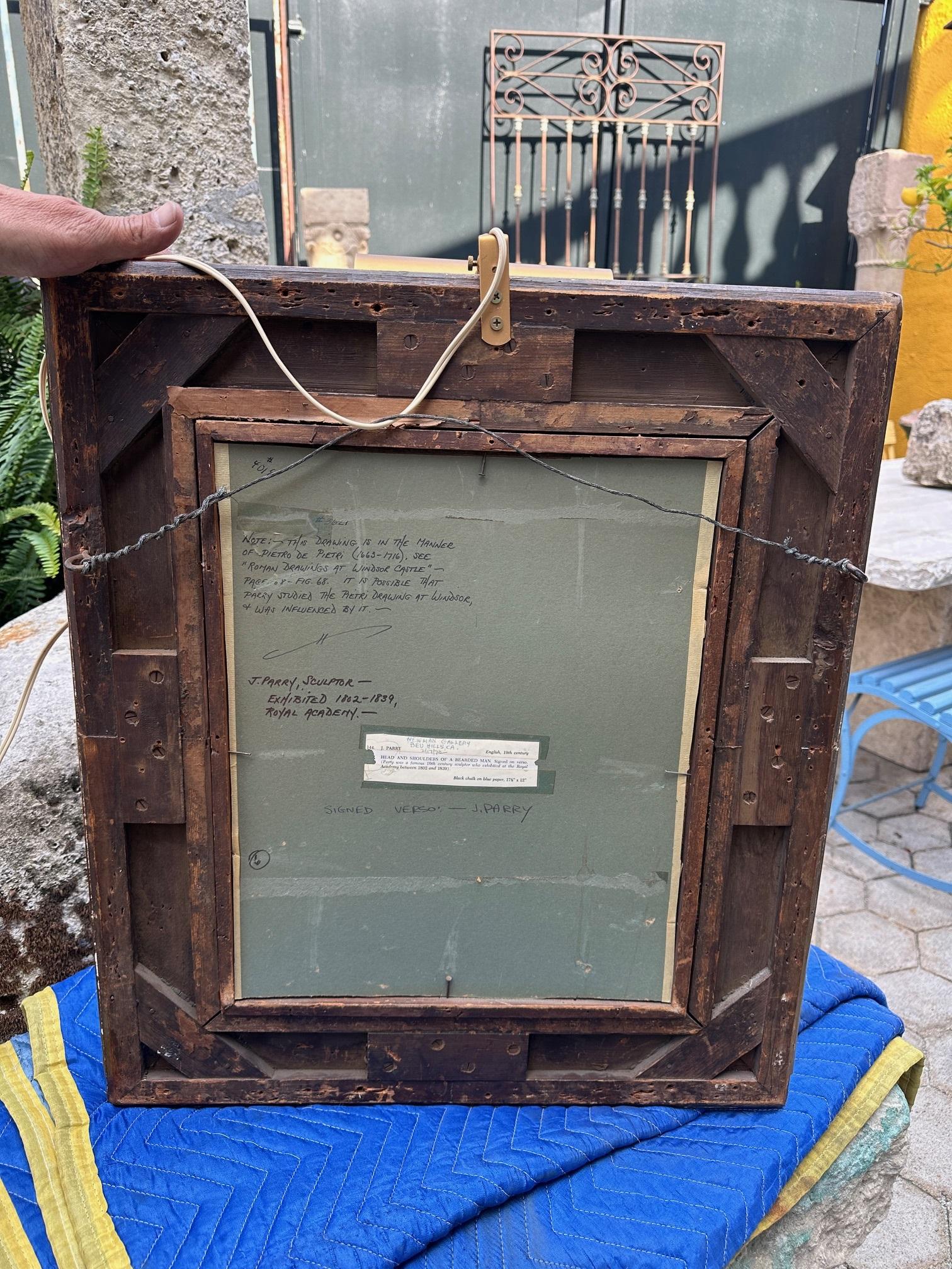 Hombre Barbudo Enmarcado, Arte Coleccionista de Pared Tiza Negra Sobre Papel Firmado J. Parry CA siglo XVIII en venta