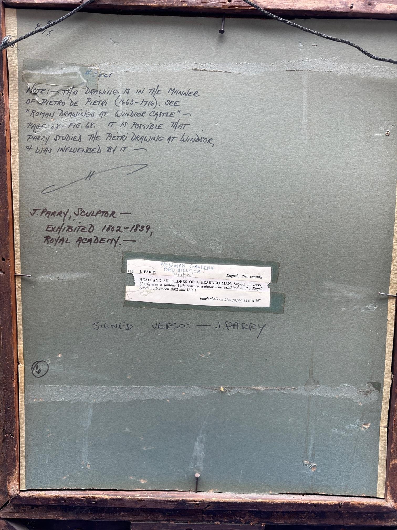 Hombre Barbudo Enmarcado, Arte Coleccionista de Pared Tiza Negra Sobre Papel Firmado J. Parry CA Gesso en venta