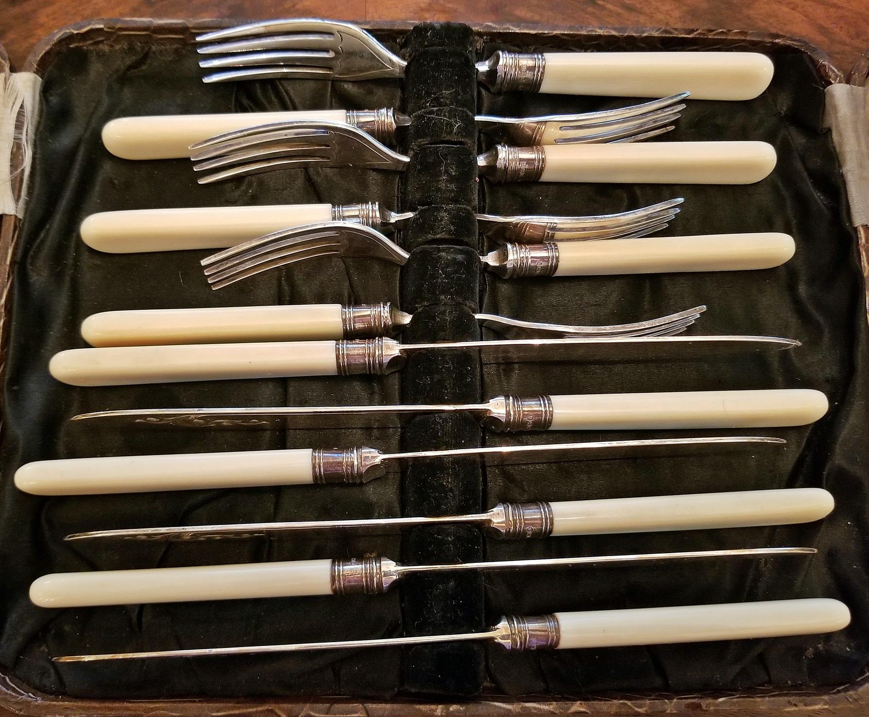 19th Century Beardshaw & Co. Sheffield Plate Faux Ivory Fruit Knives and Forks