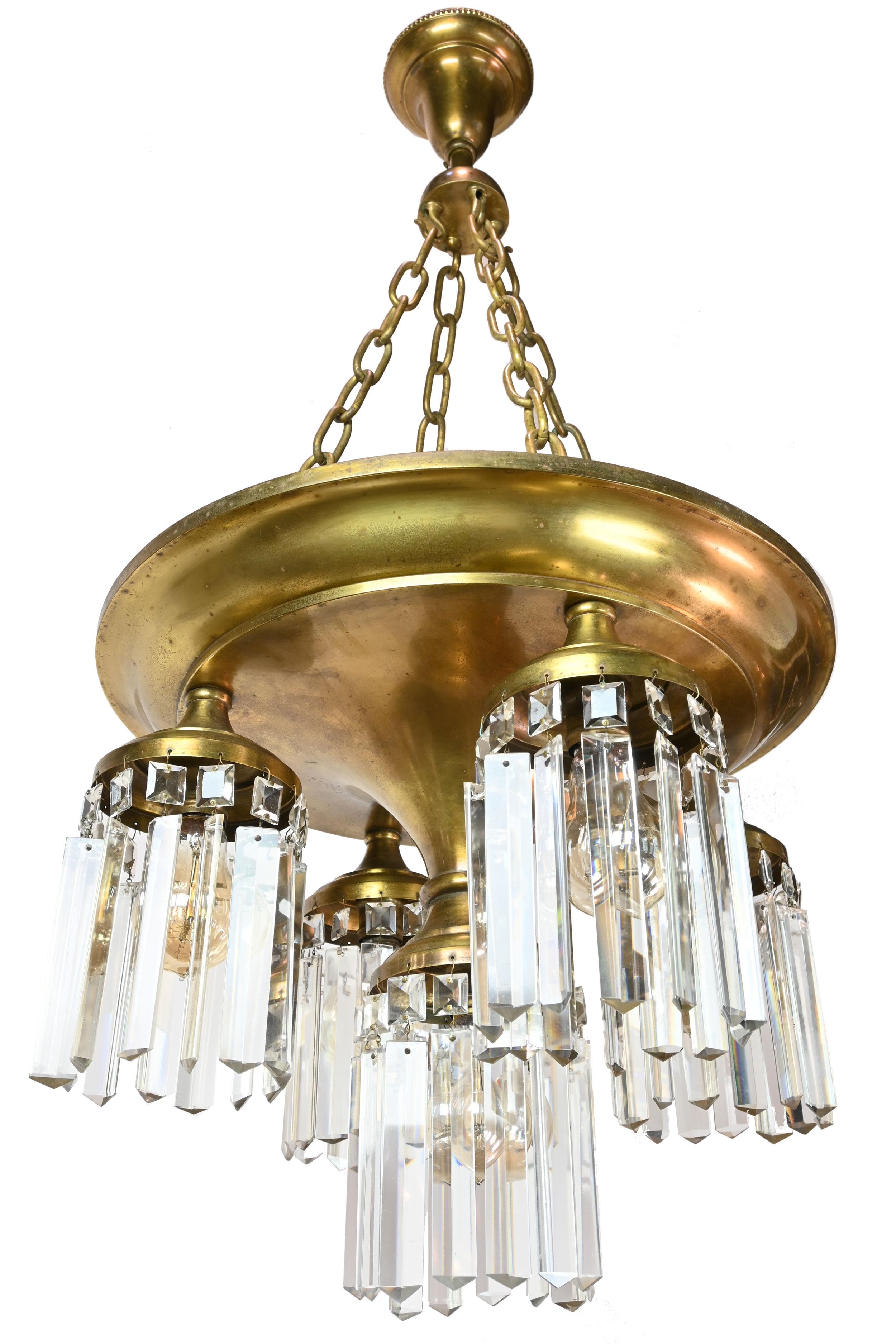 Beardslee Brass 5 Light Chandelier with Cut Crystals In Good Condition In Minneapolis, MN