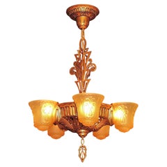 Used Beardslee of Chicago 5 Slip Shade Fixture, circa 1934, 2 Available
