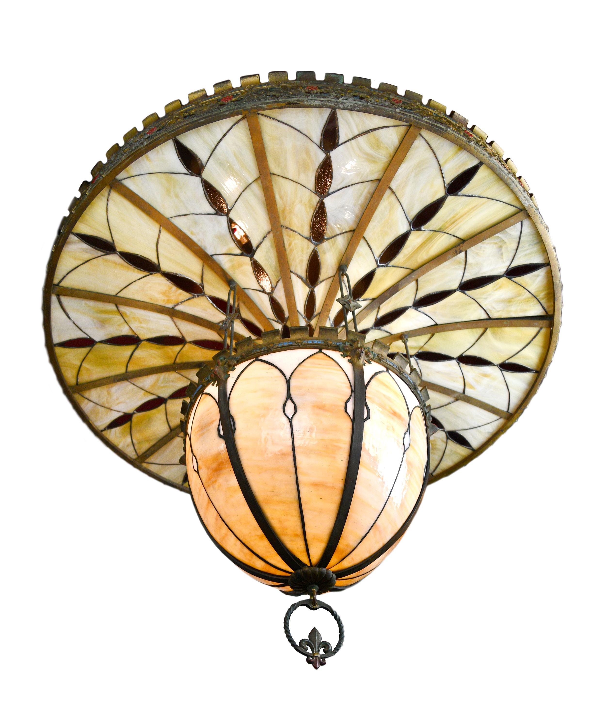 American Beardslee Over-Sized 2 Piece Bronze and Bent Leaded Stained Glass Chandelier