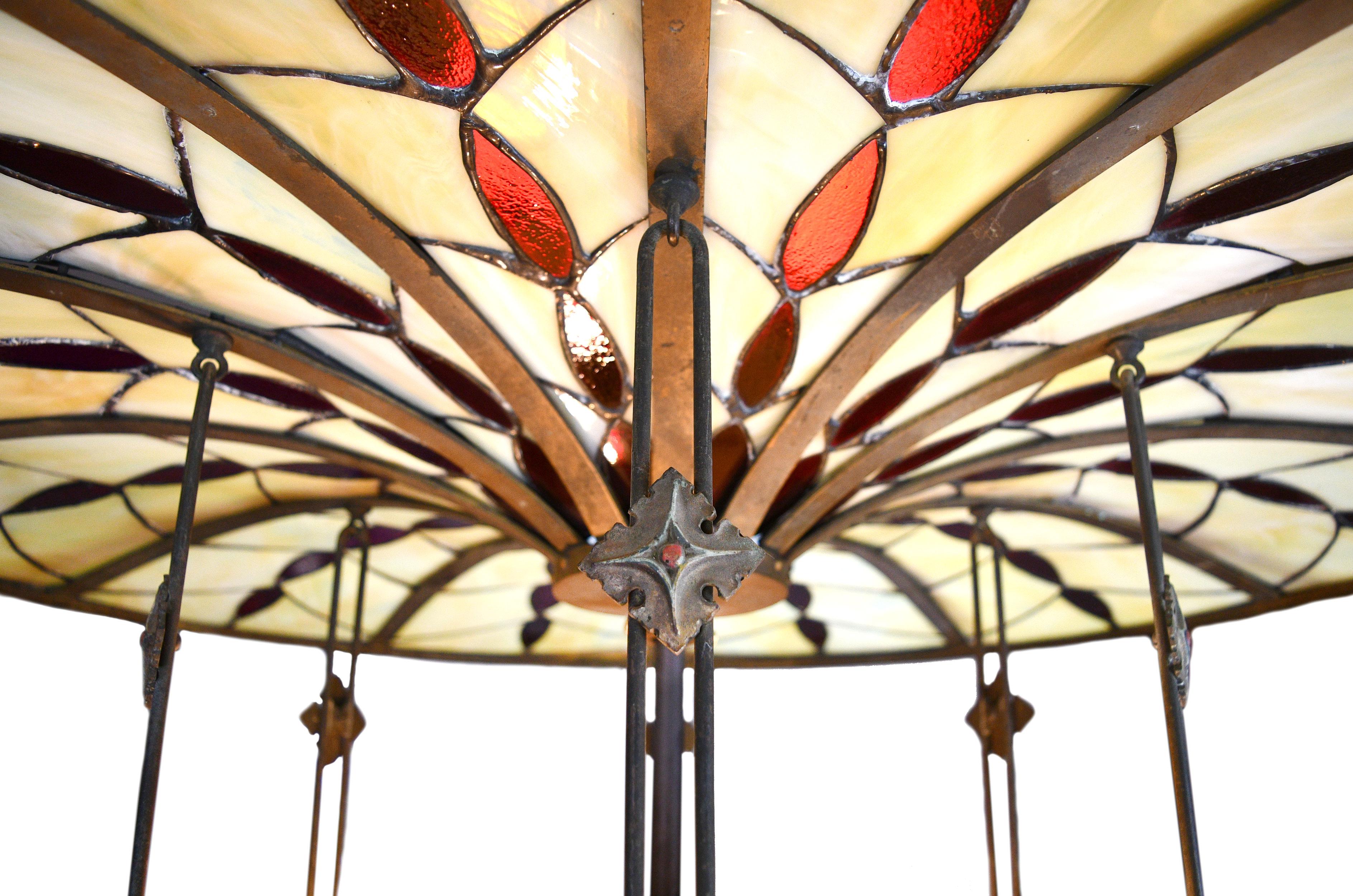 Polychromed Beardslee Over-Sized 2 Piece Bronze and Bent Leaded Stained Glass Chandelier