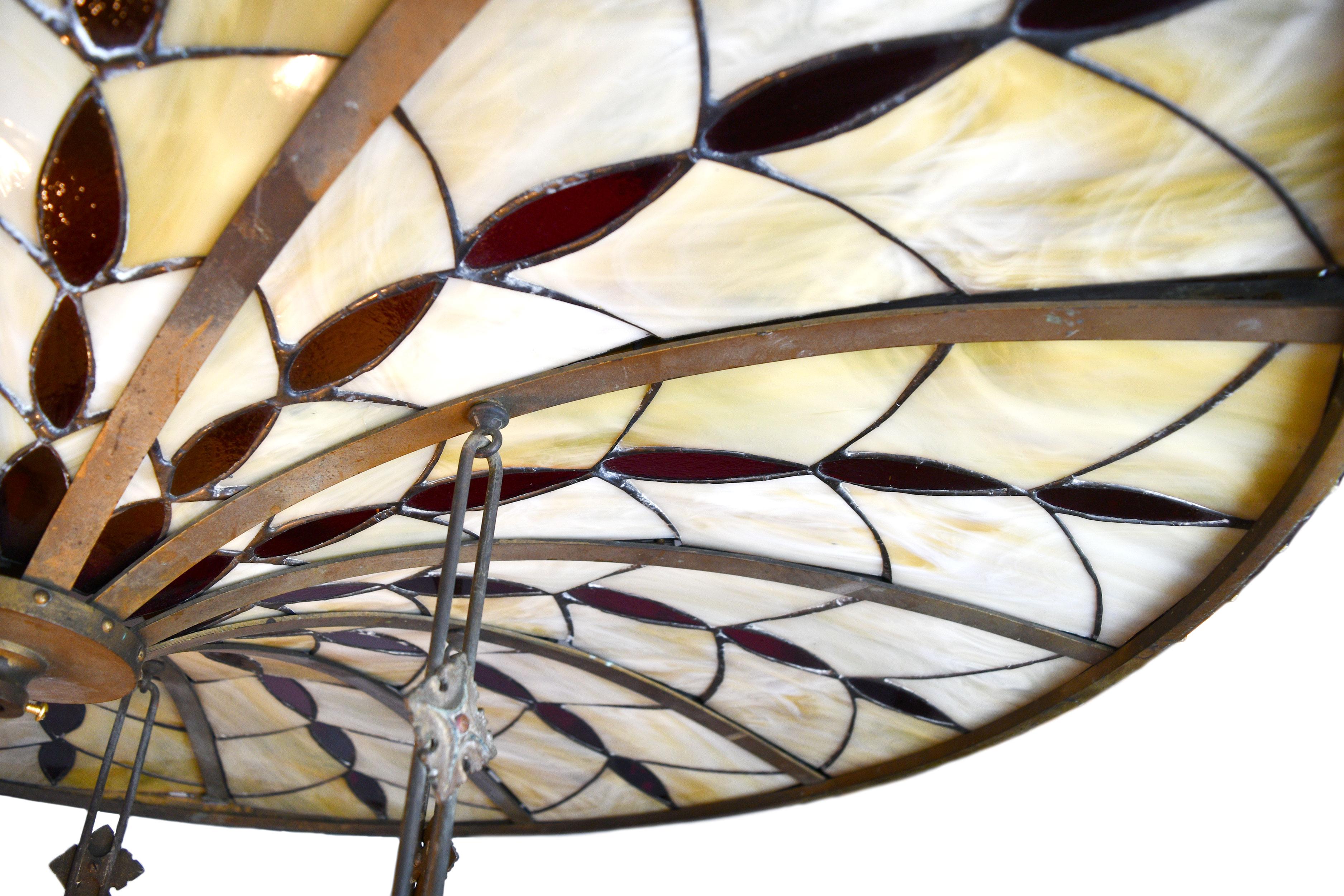 Beardslee Over-Sized 2 Piece Bronze and Bent Leaded Stained Glass Chandelier In Excellent Condition In Minneapolis, MN