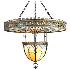 Antique Beardslee Over-Sized 2 Piece Bronze and Bent Leaded Stained Glass Chandelier