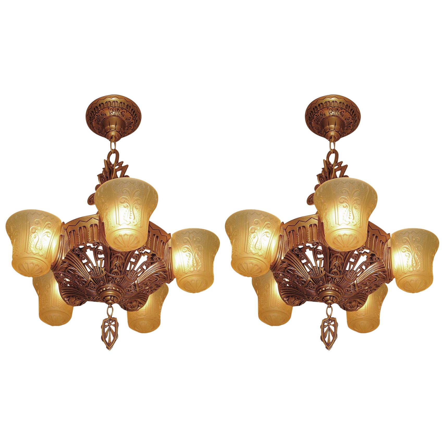 Beardslee Slip Shade Fixture Antique Golden with Amber Shades For Sale