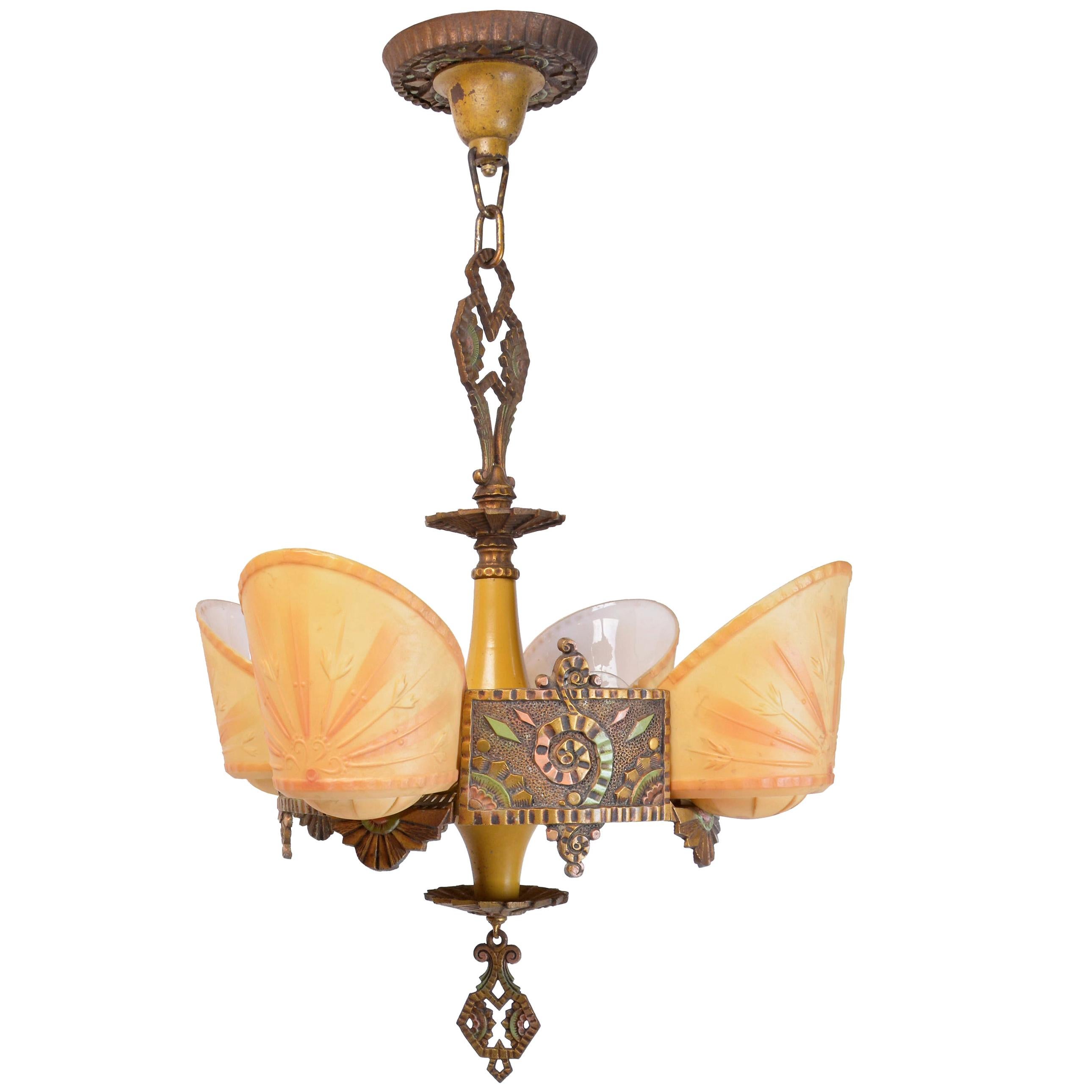 Beardslee Williamson Polychrome Art Deco Slip Shade Chandelier For Sale