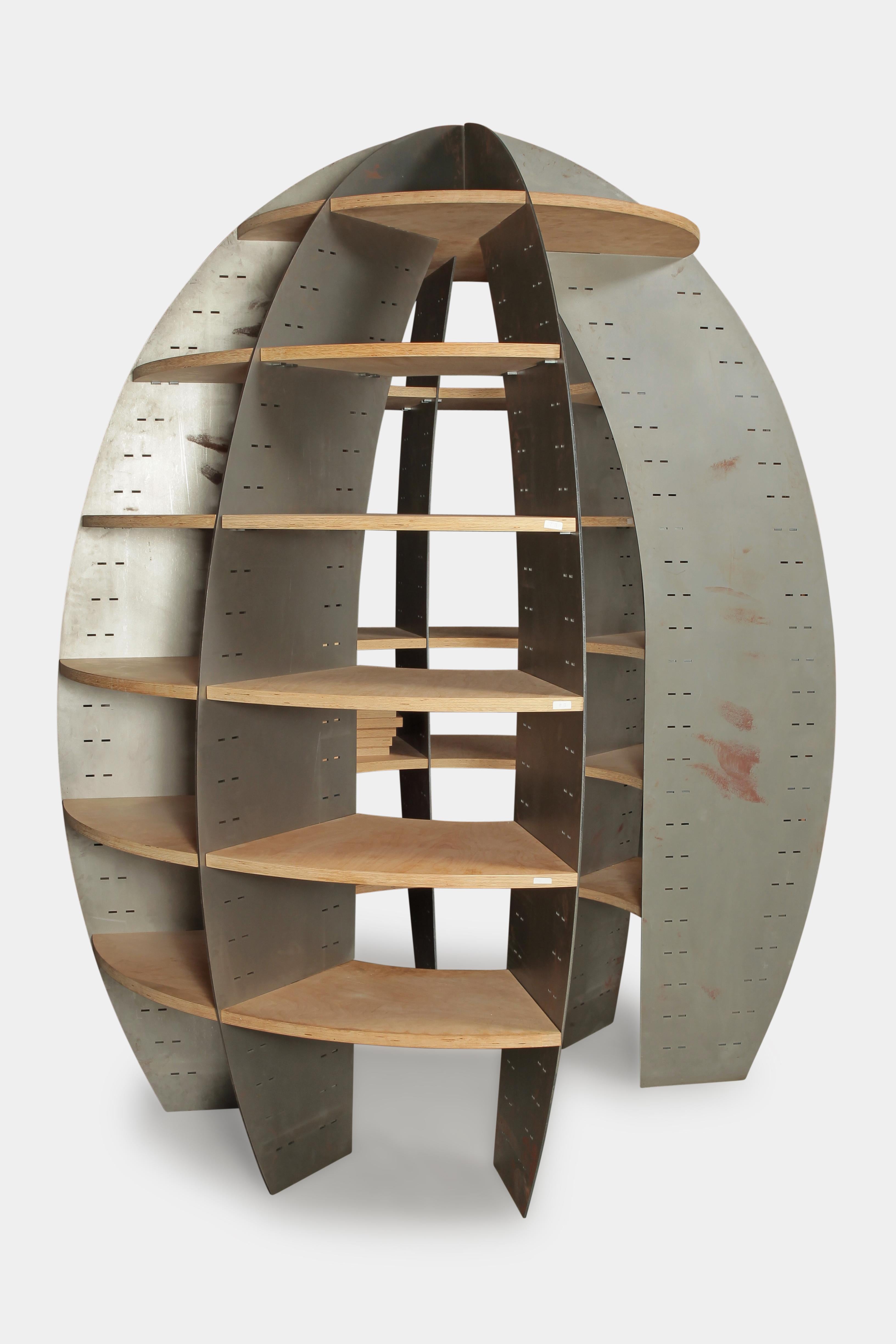 A very rare walk-in library designed by Beat Frank. Seven metal elements, laser cut, matte grey finish, shelves made of birch plywood, matte varnished, iron plates, height 234 cm, inside height 206 cm, diameter 195 cm, inner diameter 90 cm. This