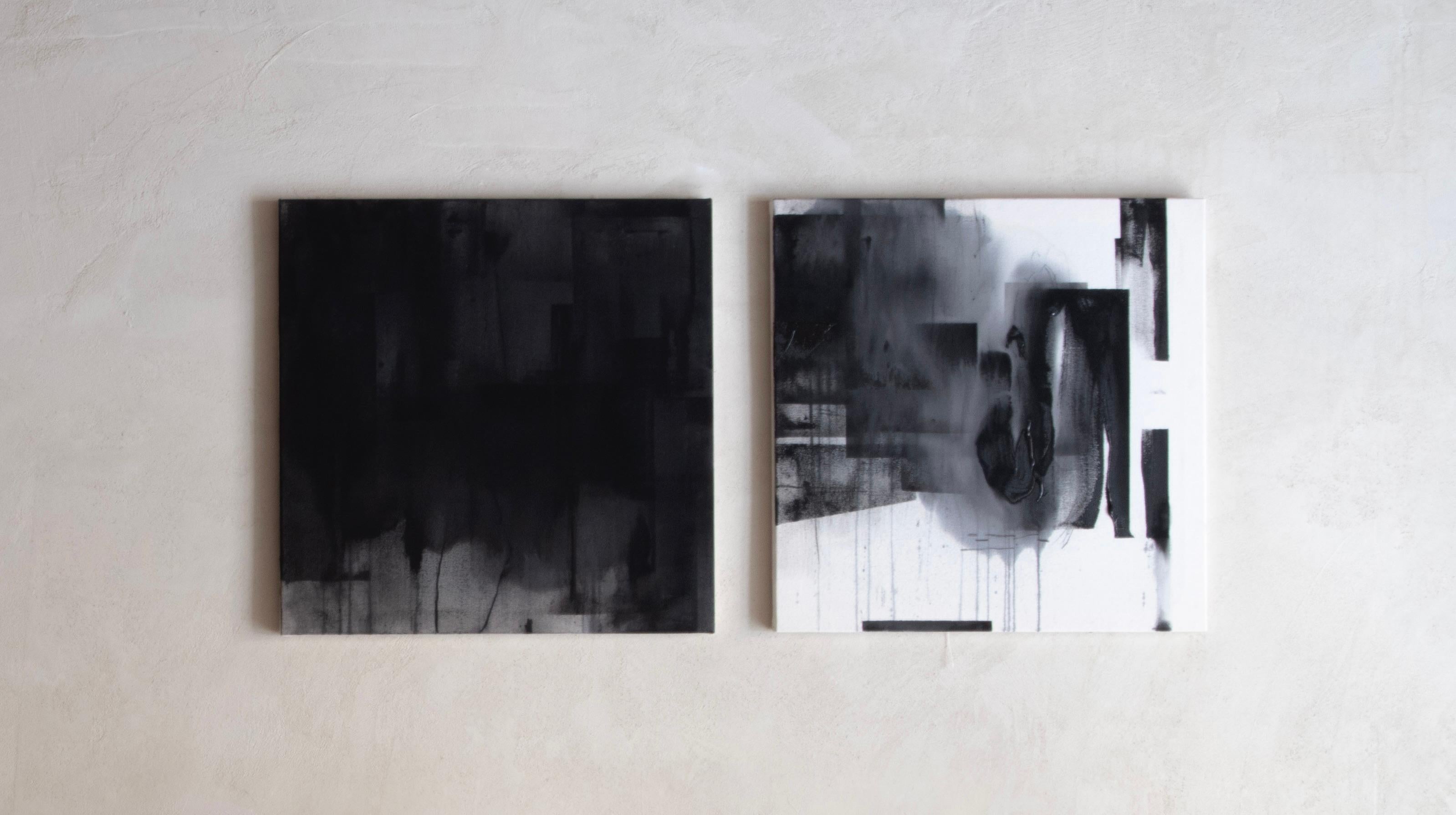 Abstract Diptych Monochrome Composition with Layered Textures by Beñat Olaberria For Sale 1