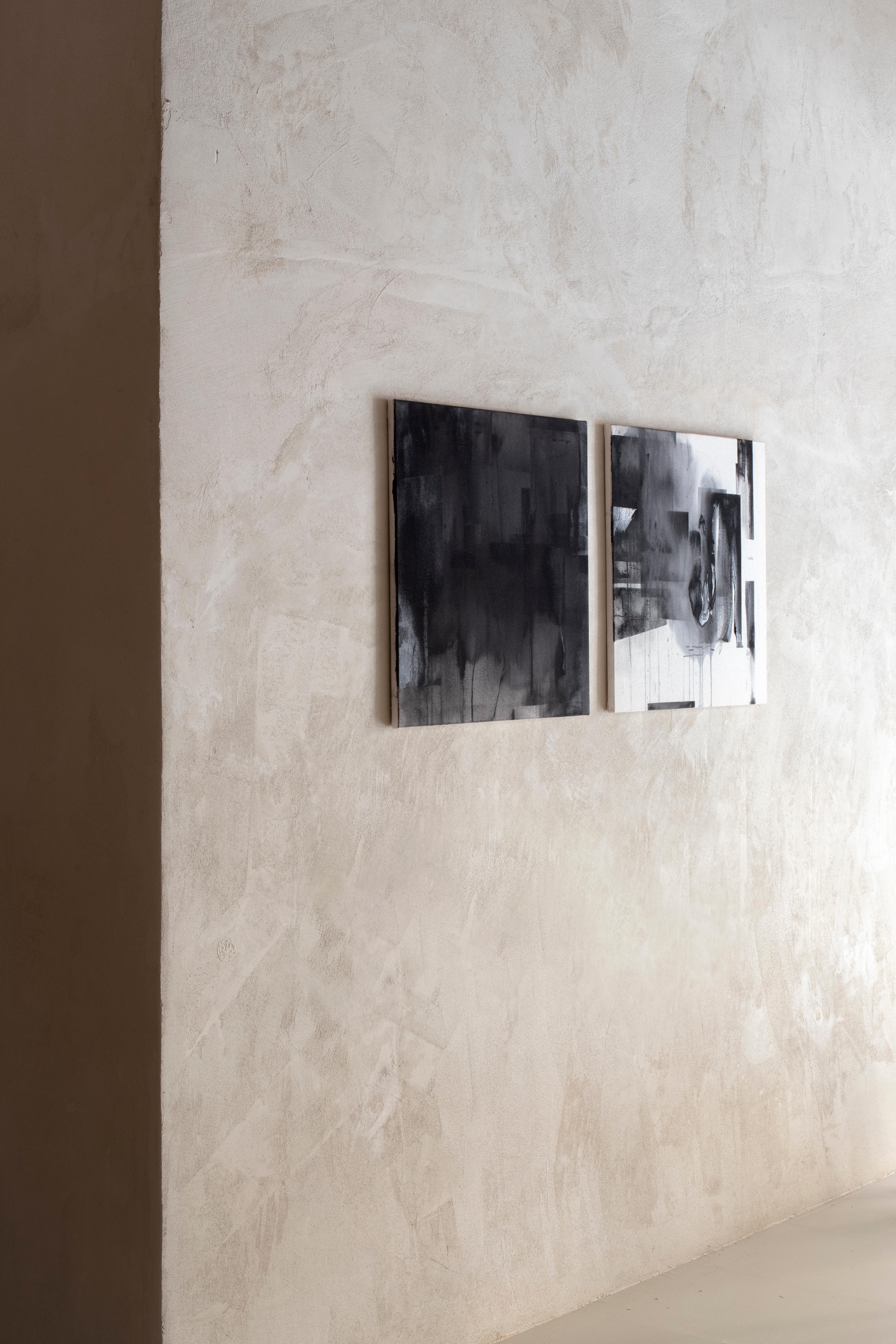 Abstract Diptych Monochrome Composition with Layered Textures by Beñat Olaberria For Sale 6