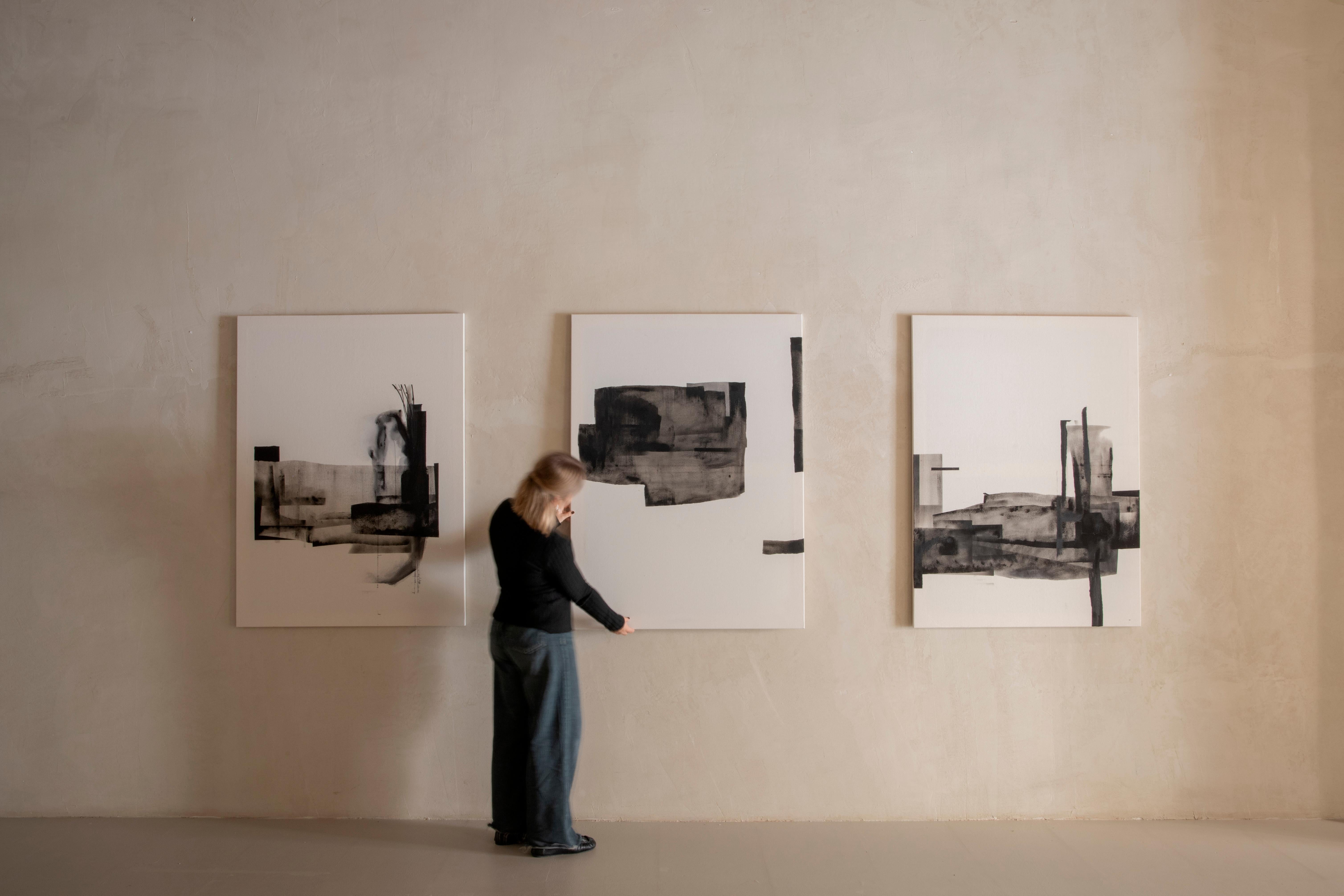 Abstract Triptych Monochrome Composition Layered Textures by Beñat Olaberria For Sale 4