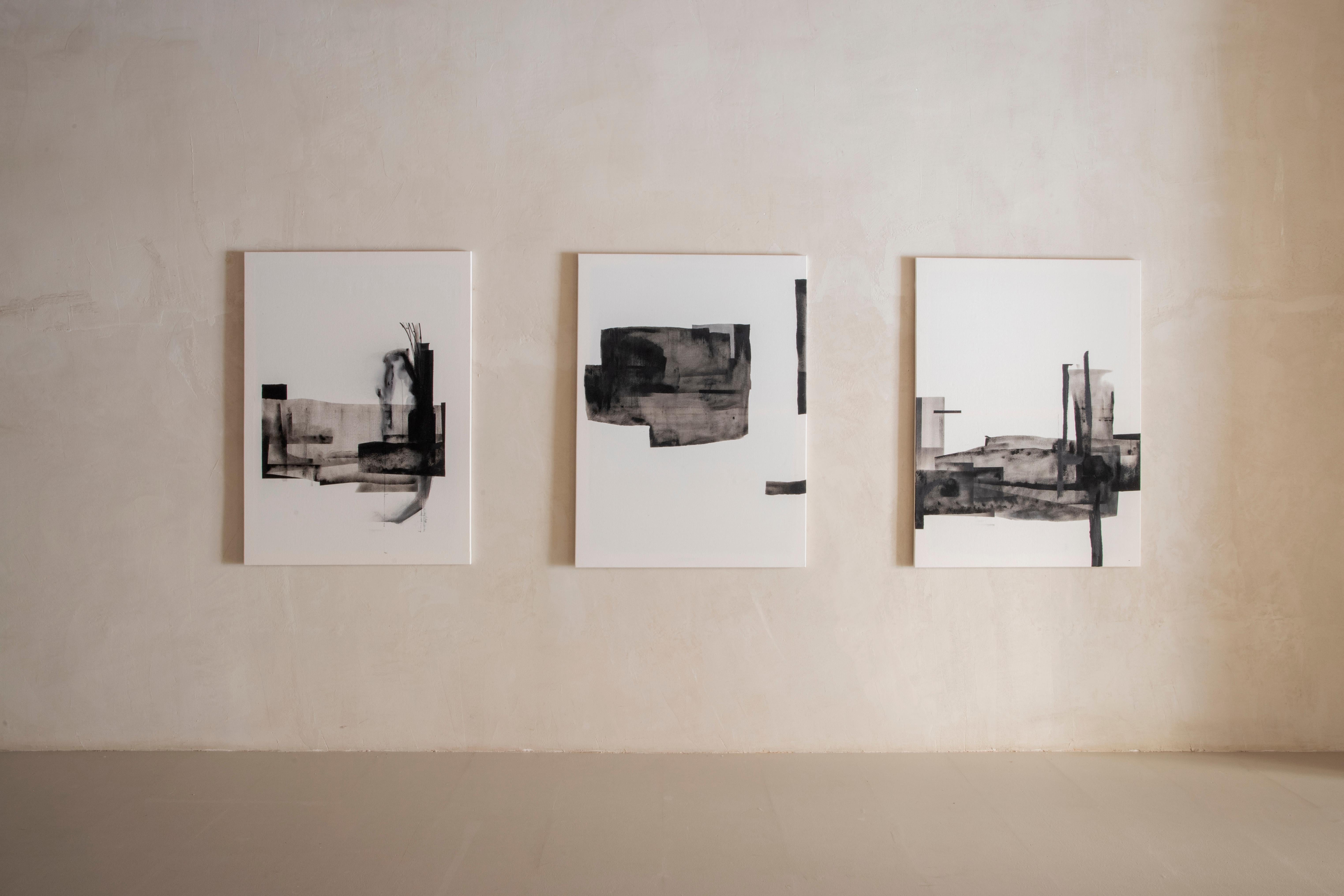 Abstract Triptych Monochrome Composition Layered Textures by Beñat Olaberria For Sale 5