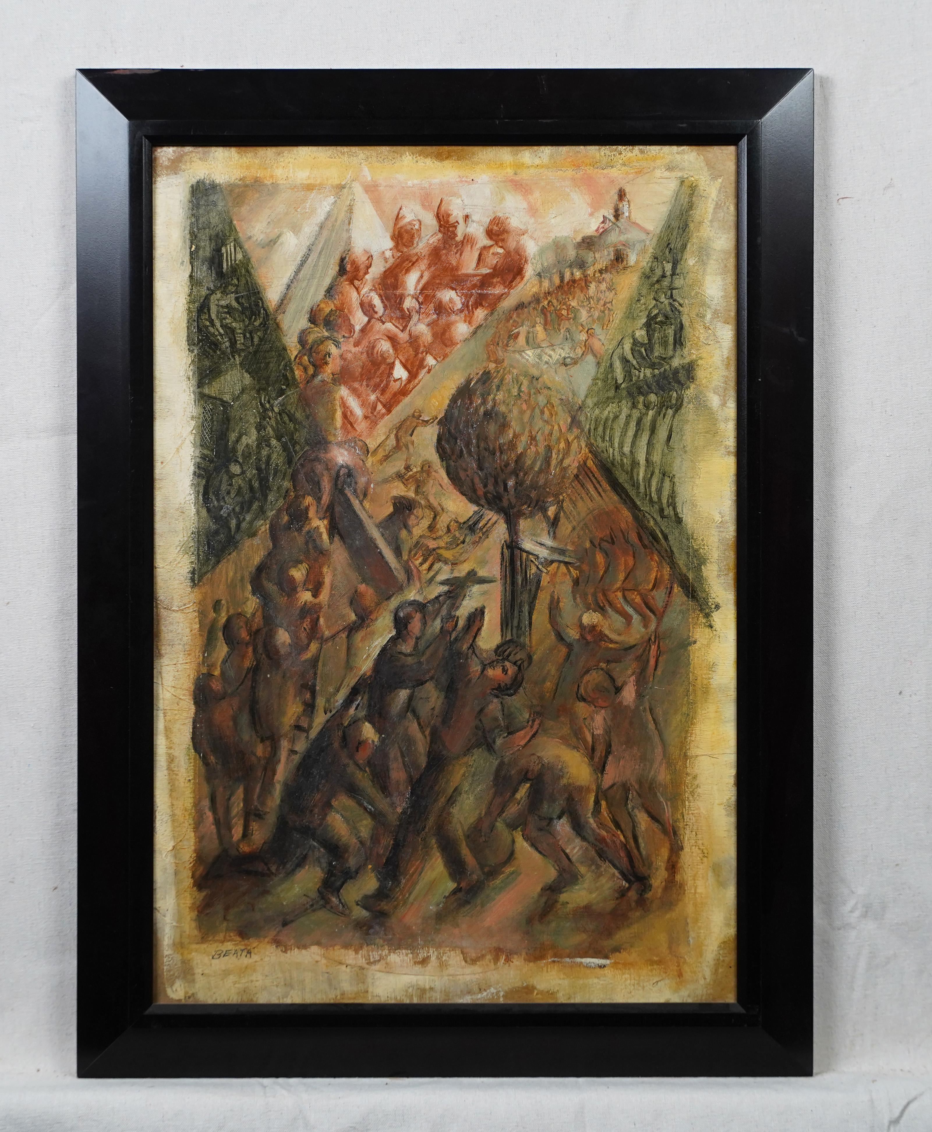 Antique American modernist signed mural study oil painting.  Oil on board.  Signed.  Framed.  