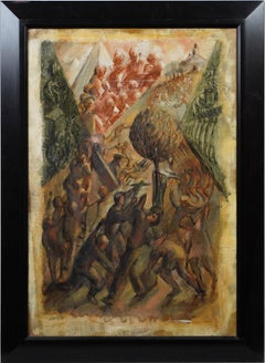 Antiguo Estudio Mural Modernista Americano WPA Firmado Enmarcado Pintura al Óleo Original