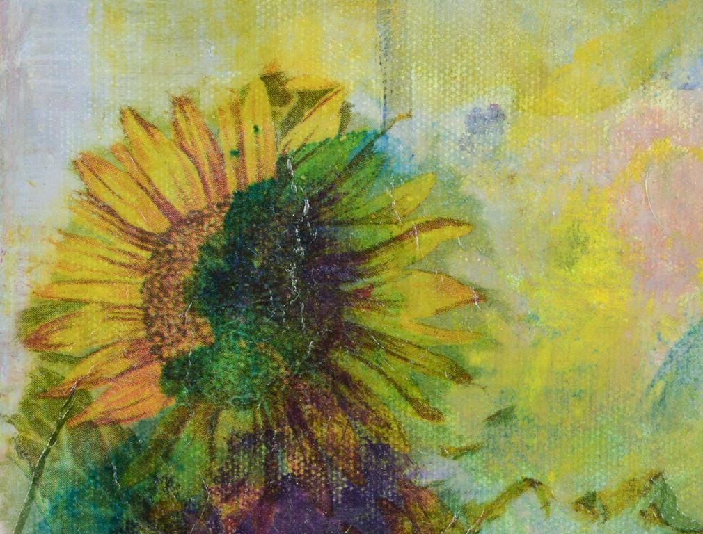 Beate Larsen, artista danesa. Óleo sobre lienzo. Bodegón con motivo de girasoles Danés en venta